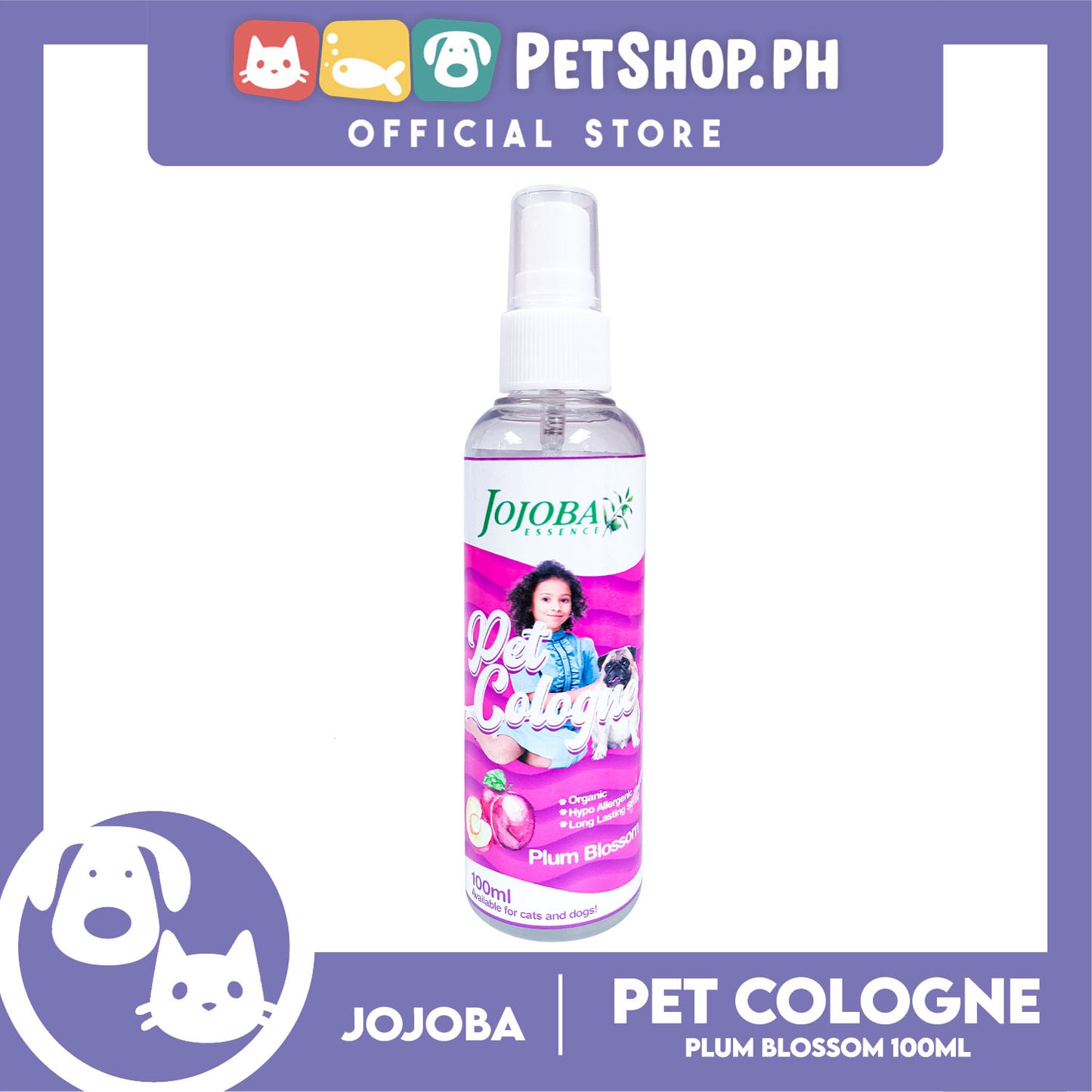 Jojoba Essence Pet Cologne Spray 100ml (Plum Blossom Scent) Organic, Hypo Allergenic, Long Lasting Scent, Pet Cologne For Cats And Dogs