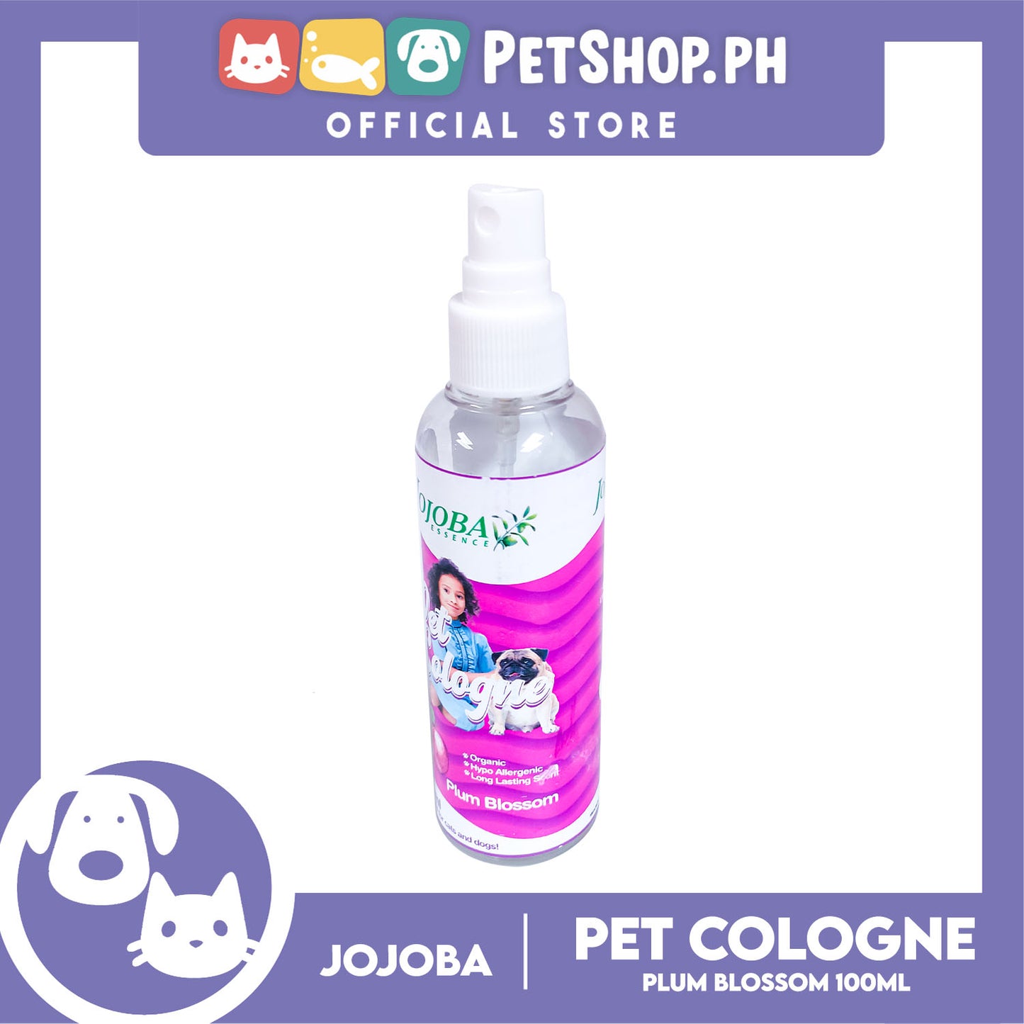 Jojoba Essence Pet Cologne Spray 100ml (Plum Blossom Scent) Organic, Hypo Allergenic, Long Lasting Scent, Pet Cologne For Cats And Dogs