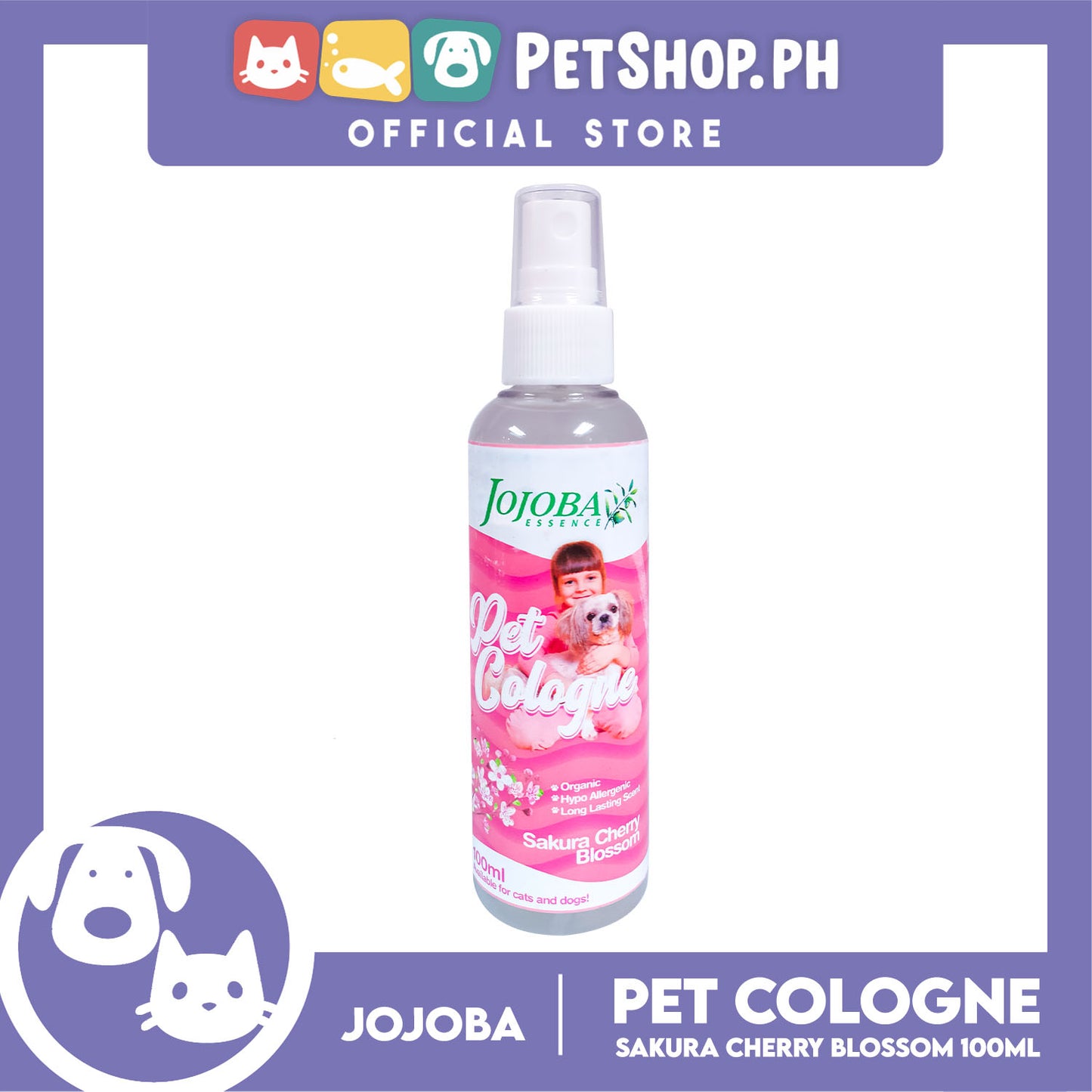 Jojoba Essence Pet Cologne Spray 100ml (Sakura Cherry Blossom Scent) Organic, Hypo Allergenic, Long Lasting Scent, Pet Cologne For Cats And Dogs