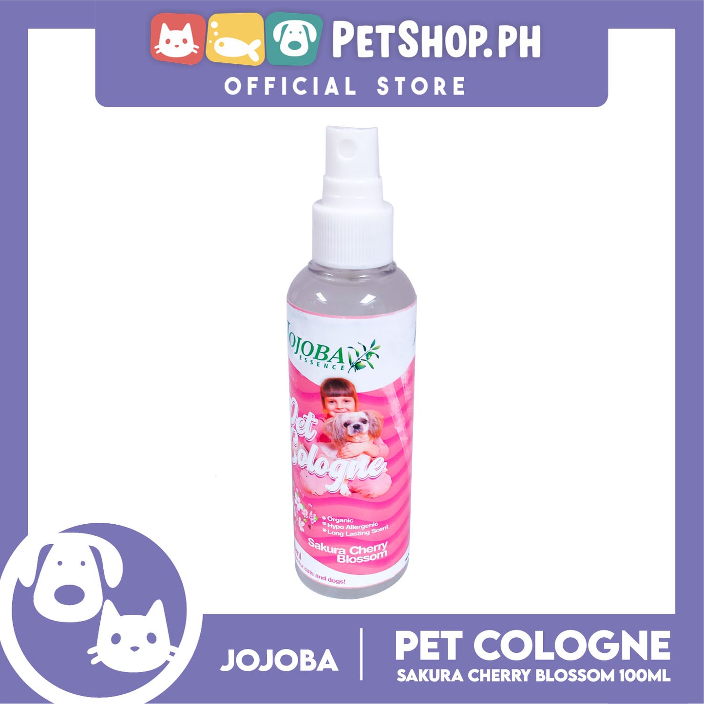 Jojoba Essence Pet Cologne Spray 100ml (Sakura Cherry Blossom Scent) Organic, Hypo Allergenic, Long Lasting Scent, Pet Cologne For Cats And Dogs