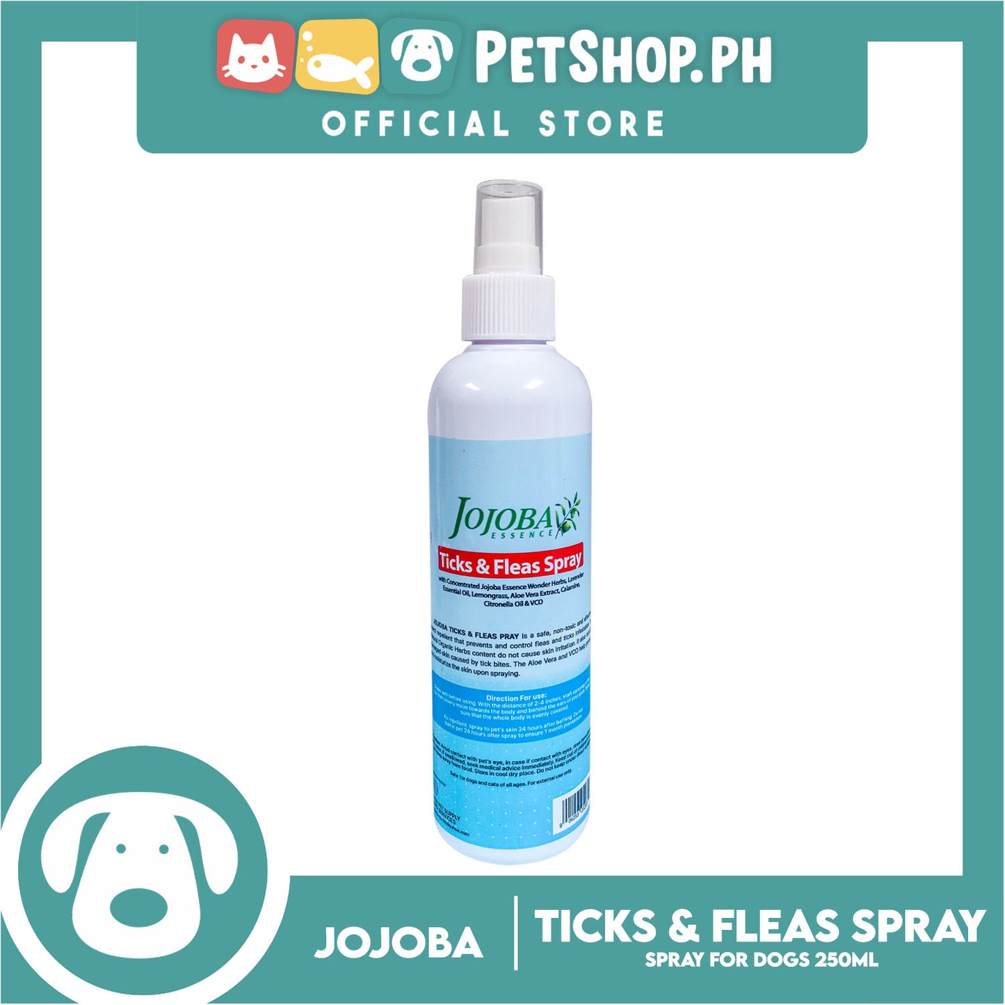 Jojoba Essence Ticks And Fleas Spray 250ml Anti-Fungal, Anti-Parasite, Anti-Bacterial For Dogs