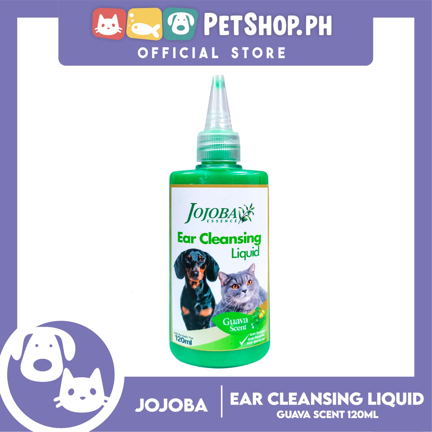 Jojoba Essence Ear Cleansing Liquid 120ml (Guava Scent) Anti-Fungal, Anti-Parasite, Anti-Bacterial For Dogs And Cats