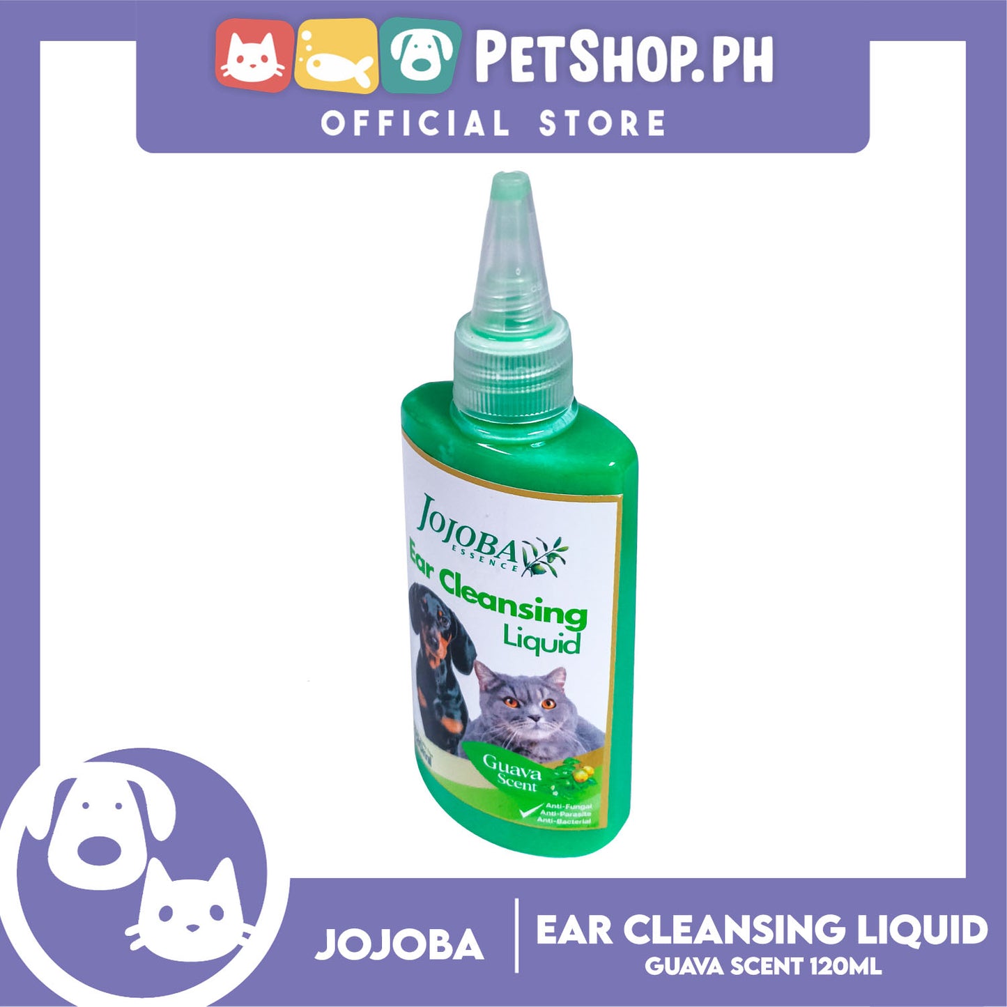 Jojoba Essence Ear Cleansing Liquid 120ml (Guava Scent) Anti-Fungal, Anti-Parasite, Anti-Bacterial For Dogs And Cats