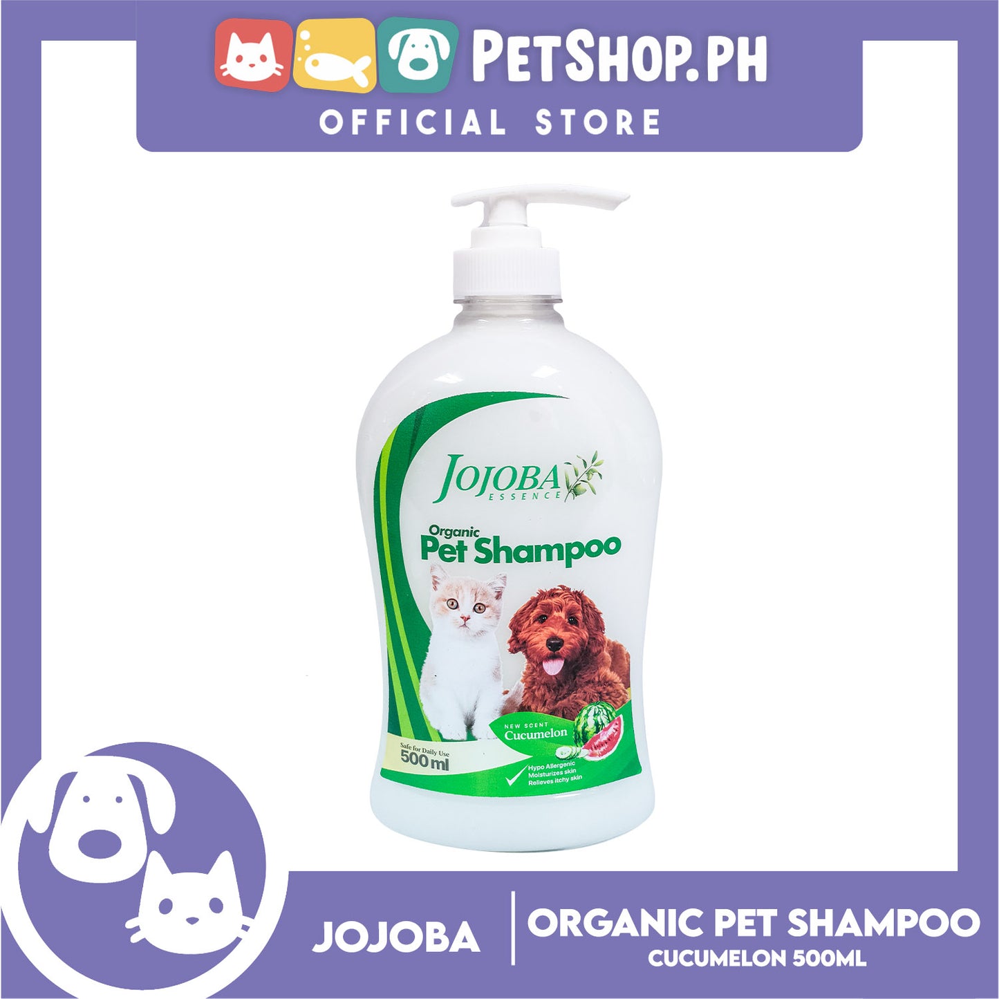 Jojoba Essence Organic Pet Shampoo 500ml (Cucumelon) Safe For Daily Use For Your Cats And Dogs