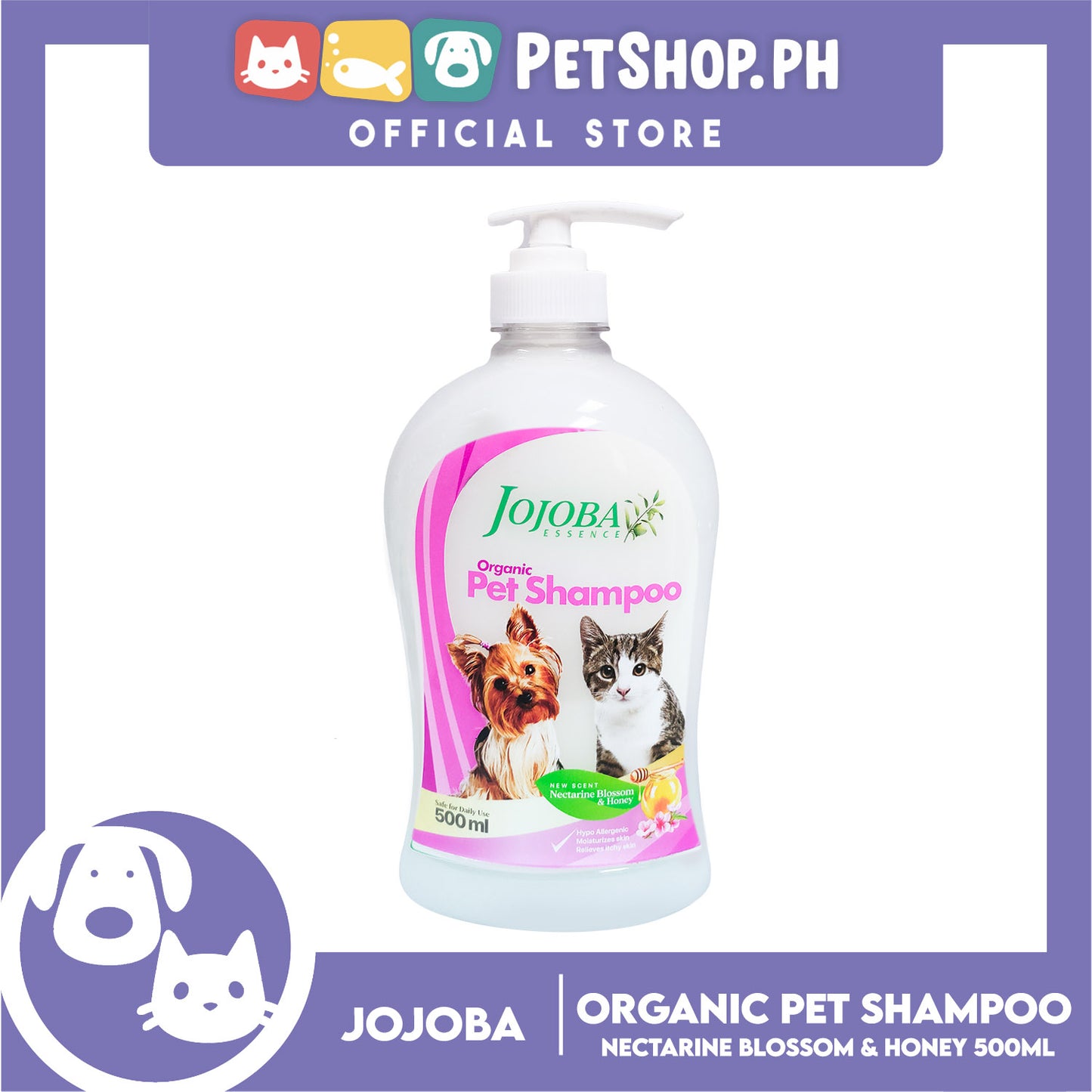 Jojoba Essence Organic Pet Shampoo 500ml (Nectarin Blossom And Honey) Safe For Daily Use For Your Cats And Dogs
