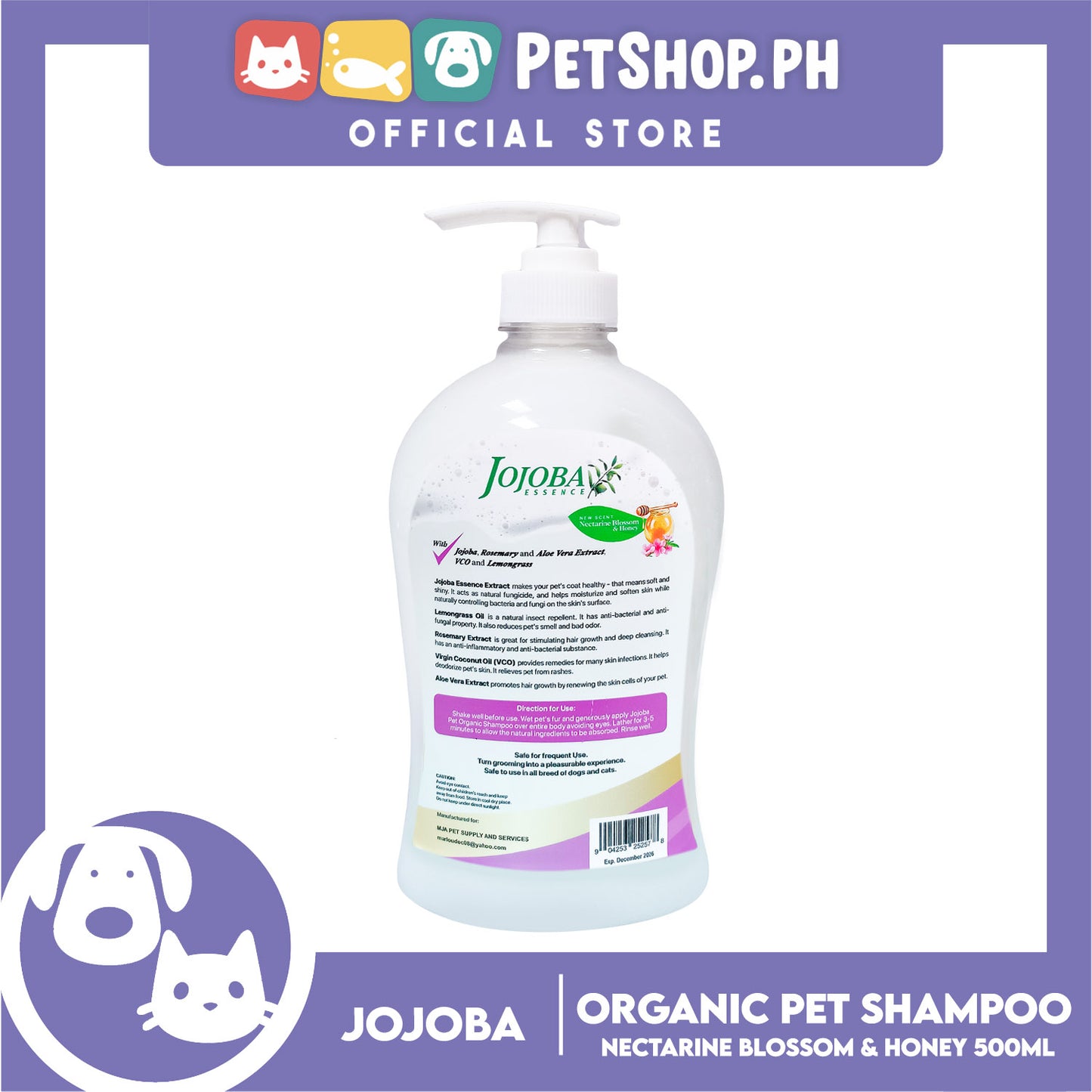 Jojoba Essence Organic Pet Shampoo 500ml (Nectarin Blossom And Honey) Safe For Daily Use For Your Cats And Dogs