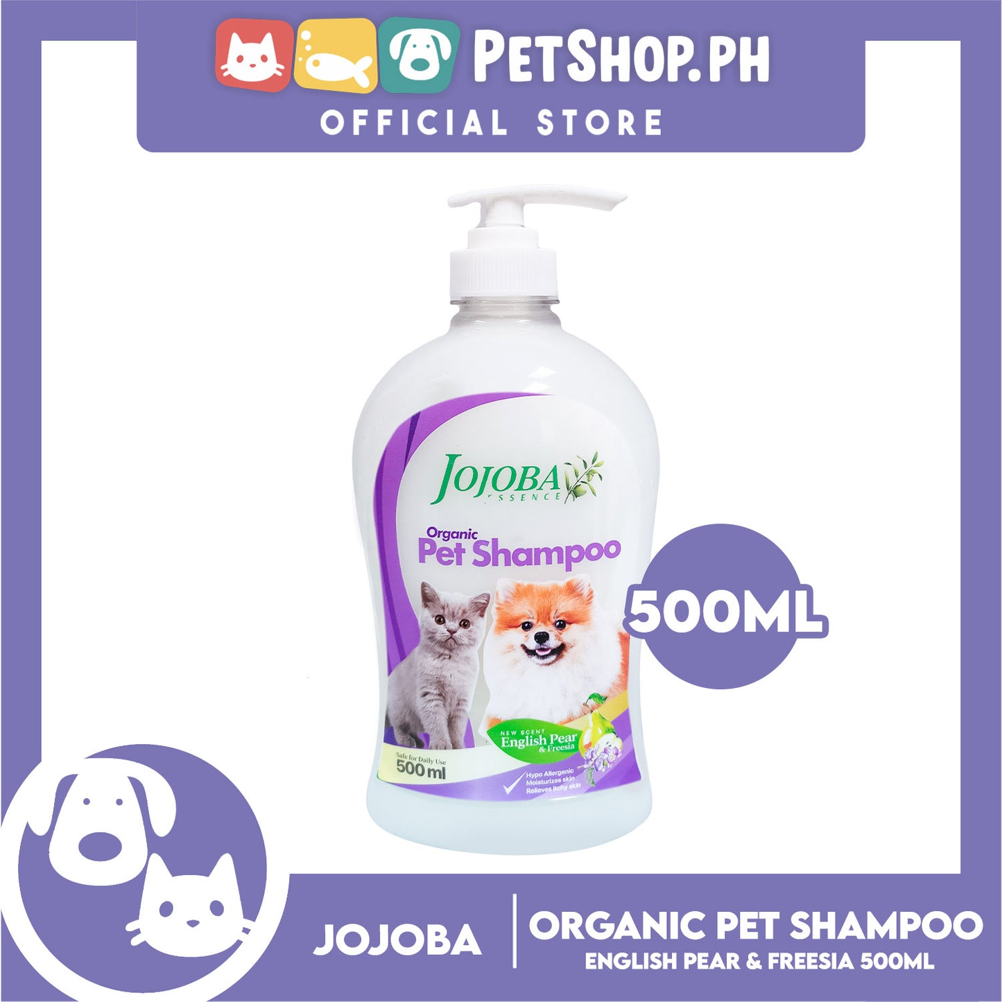 Jojoba Essence Organic Pet Shampoo 500ml (English Pear And Freesia) Safe For Daily Use For Your Cats And Dogs