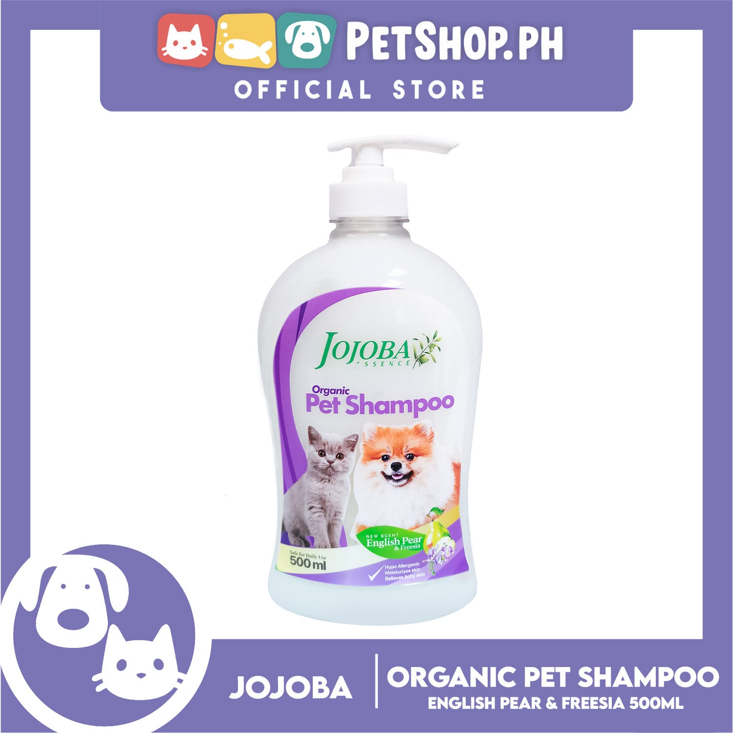Jojoba Essence Organic Pet Shampoo 500ml (English Pear And Freesia) Safe For Daily Use For Your Cats And Dogs