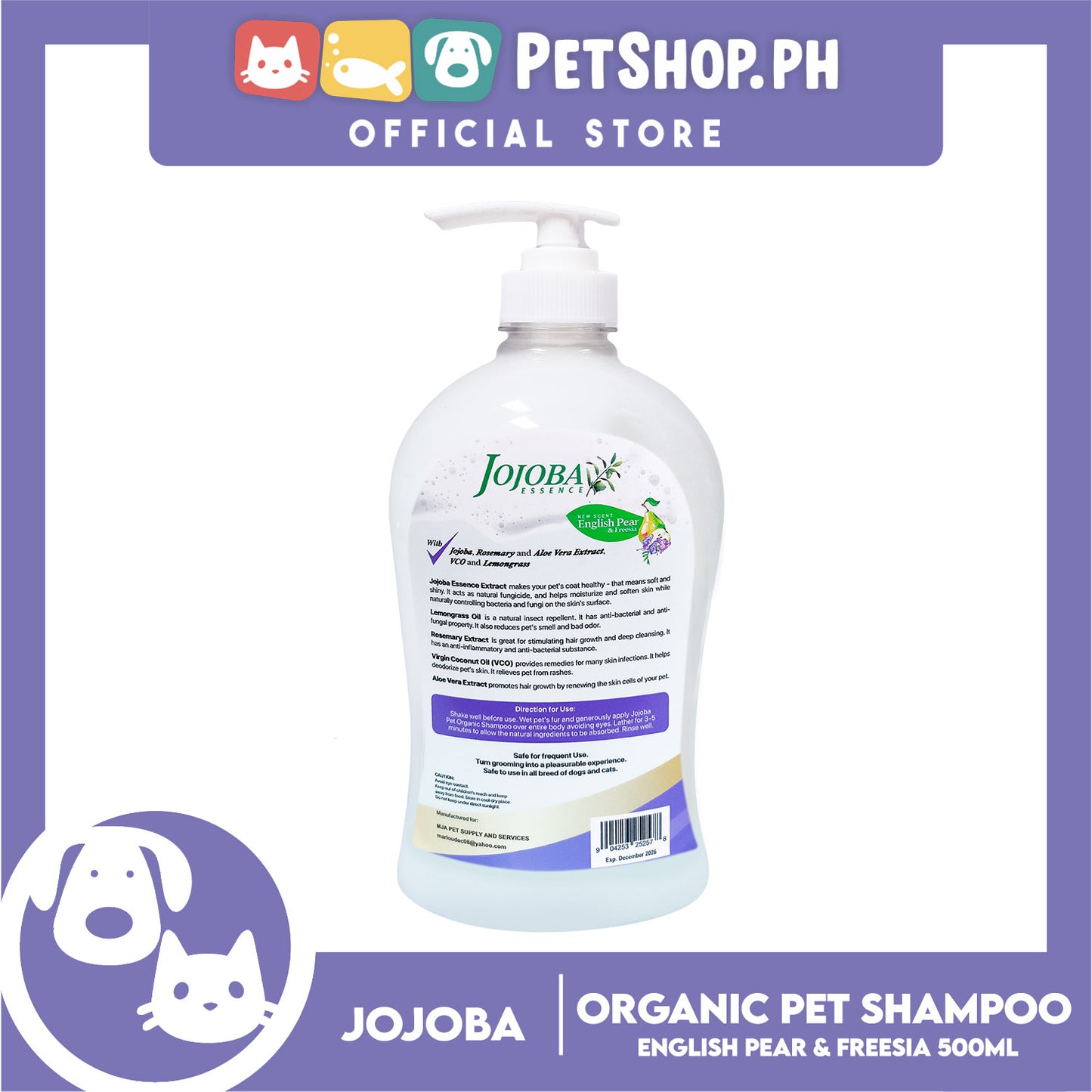 Jojoba Essence Organic Pet Shampoo 500ml (English Pear And Freesia) Safe For Daily Use For Your Cats And Dogs