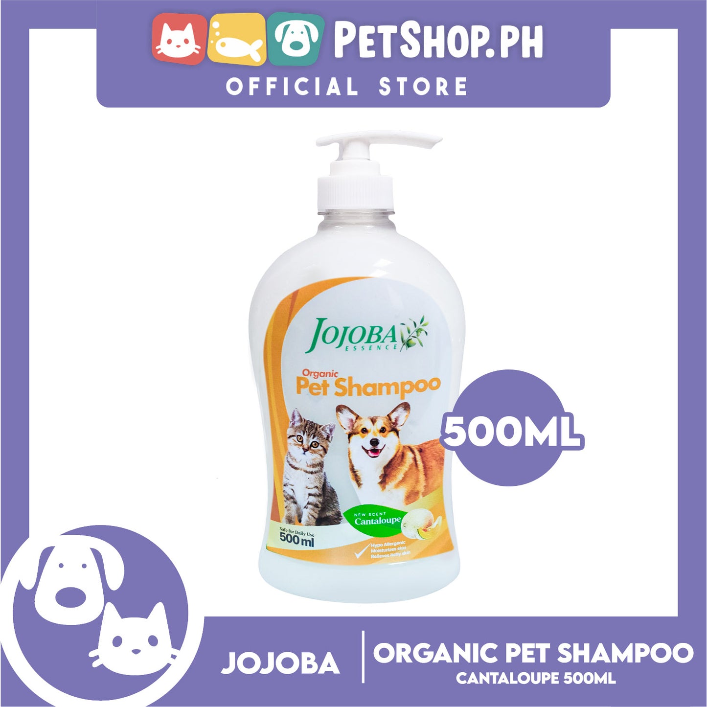 Jojoba Essence Organic Pet Shampoo 500ml (Cantaloupe) Safe For Daily Use For Your Cats And Dogs