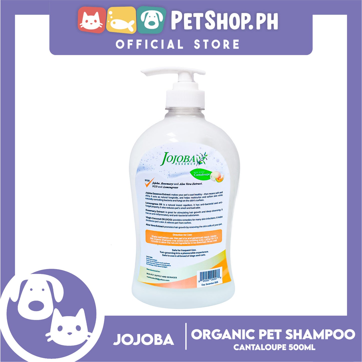 Jojoba Essence Organic Pet Shampoo 500ml (Cantaloupe) Safe For Daily Use For Your Cats And Dogs