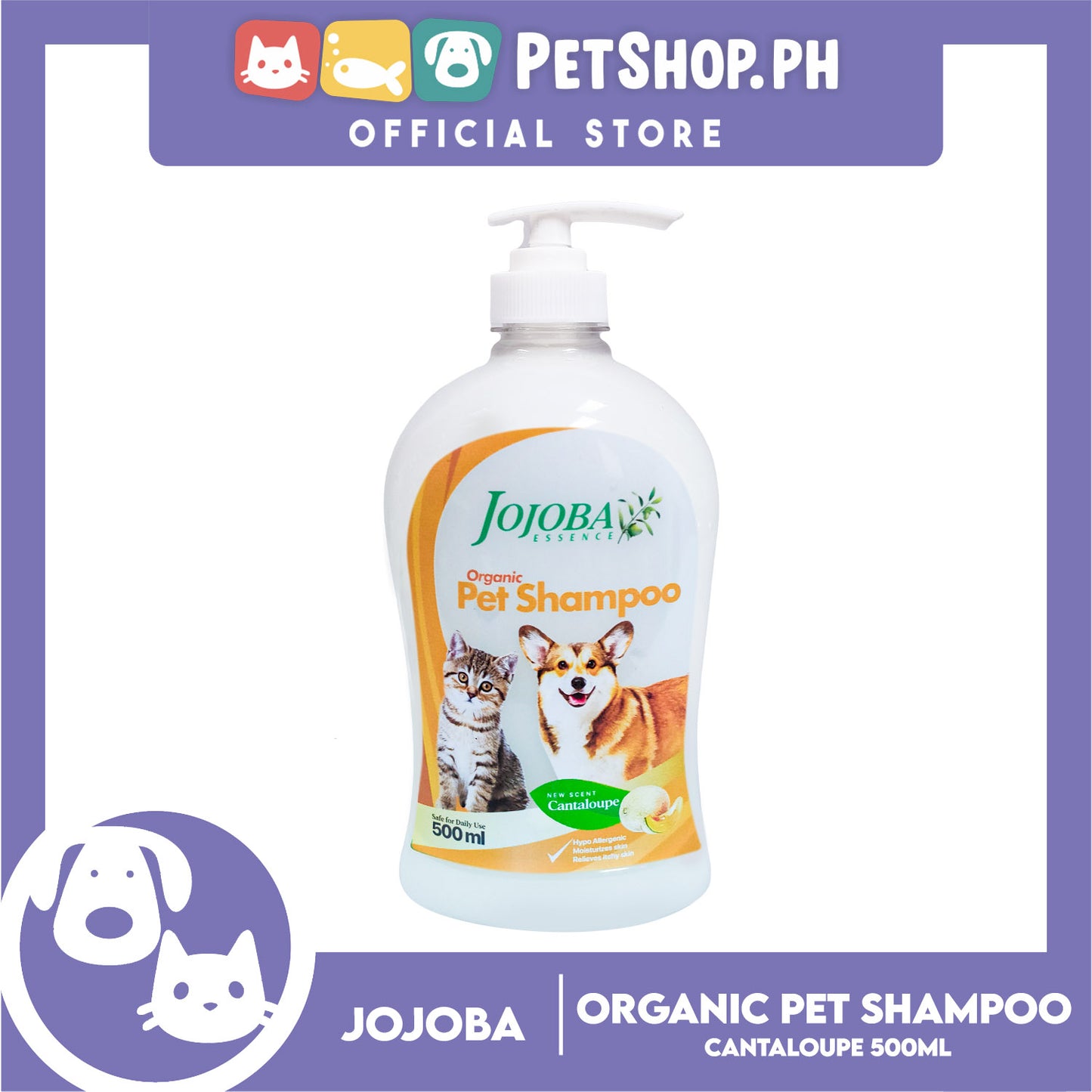 Jojoba Essence Organic Pet Shampoo 500ml (Cantaloupe) Safe For Daily Use For Your Cats And Dogs