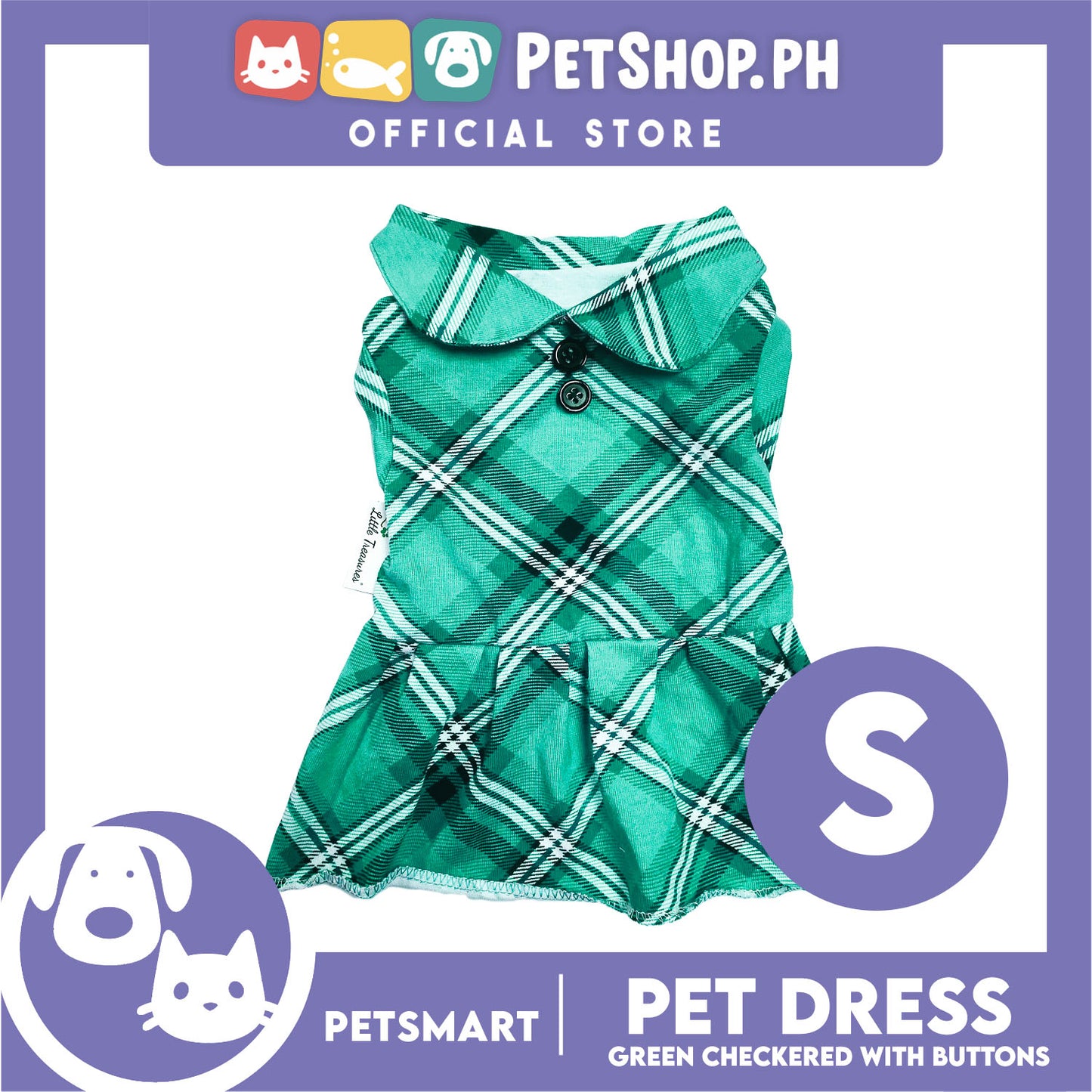 Pet Dress Checkered Green With Buttons Dress DG-CTN115S (Small) Perfect Fit For Dogs And Cats, Breathable Dress Clothes, Soft Lightweight Pet Clothing
