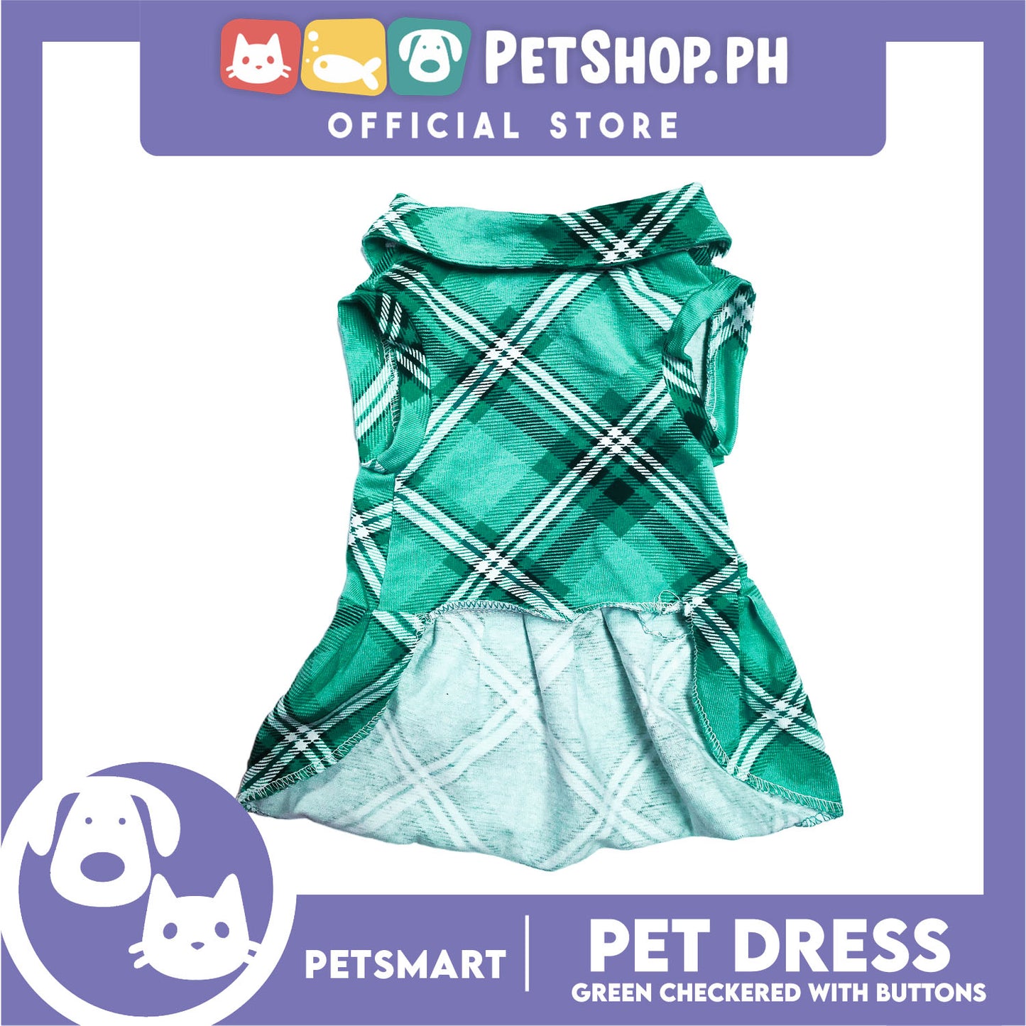 Pet Dress Checkered Green With Buttons Dress DG-CTN115M (Medium)