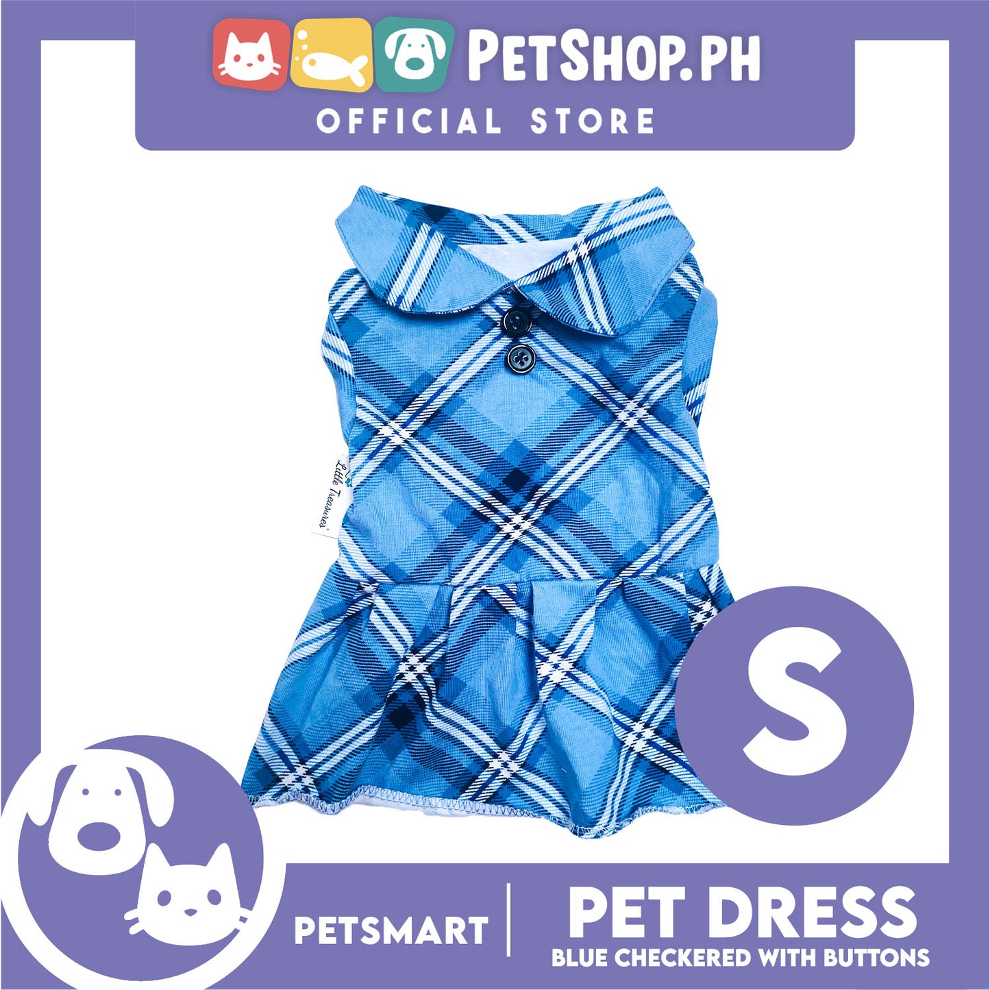 Pet Dress Checkered Blue With Buttons Dress DG-CTN116S (Small)