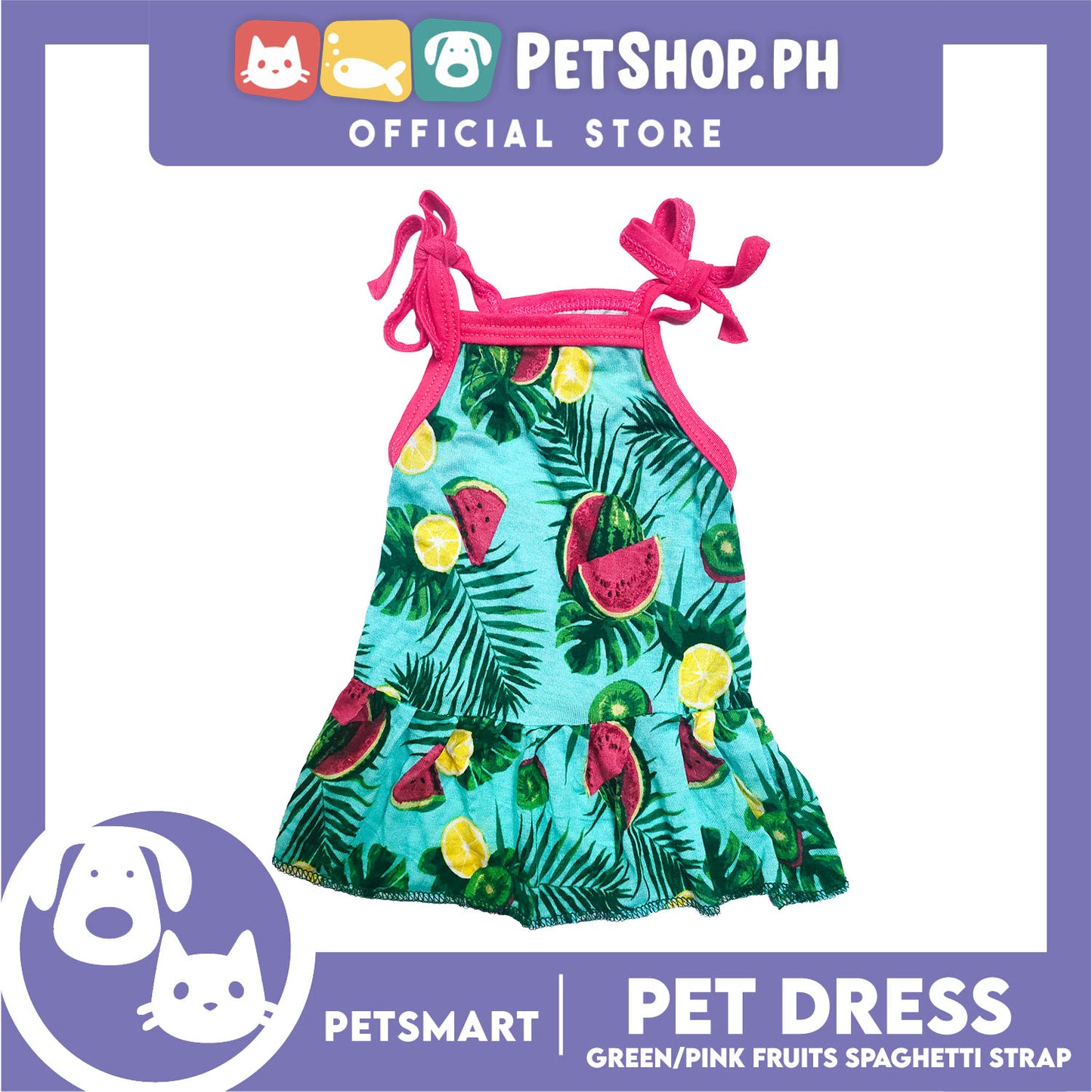 Pet Dress Fruits Design, Green Pink Color Spaghetti Strap Dress DG-CTN117L (Large) Perfect Fit For Dogs And Cats, Breathable Dress Clothes, Soft Lightweight Pet Clothing