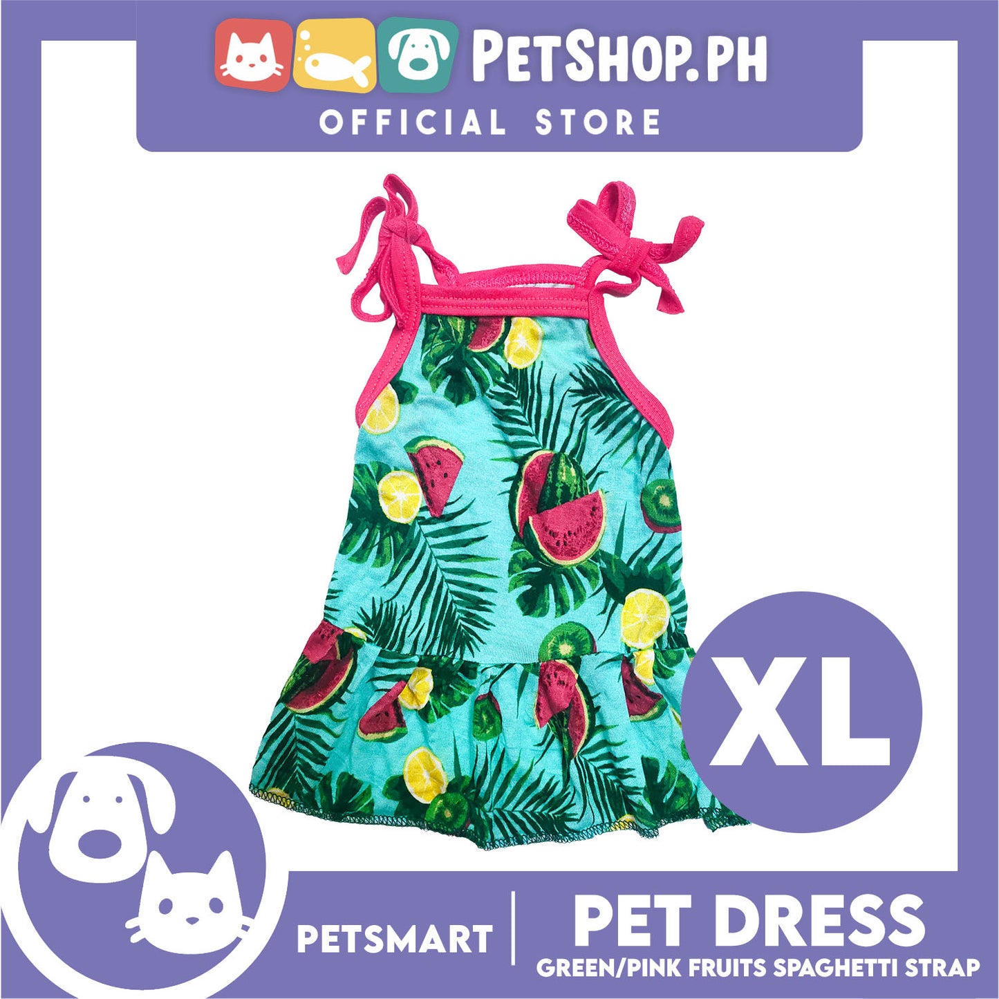 Pet Dress Fruits Design, Green Pink Color Spaghetti Strap Dress DG-CTN117XL (XL) Perfect Fit For Dogs And Cats, Breathable Dress Clothes, Soft Lightweight Pet Clothing