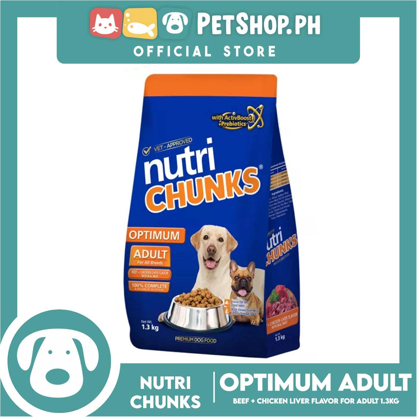 Nutri Chunks Optimum Premium Dog Food, Adult For All Breeds 1.3kg (Beef + Chicken Liver Flavor With Real Meat) 100% Complete And Balanced Nutrition, Dog Food