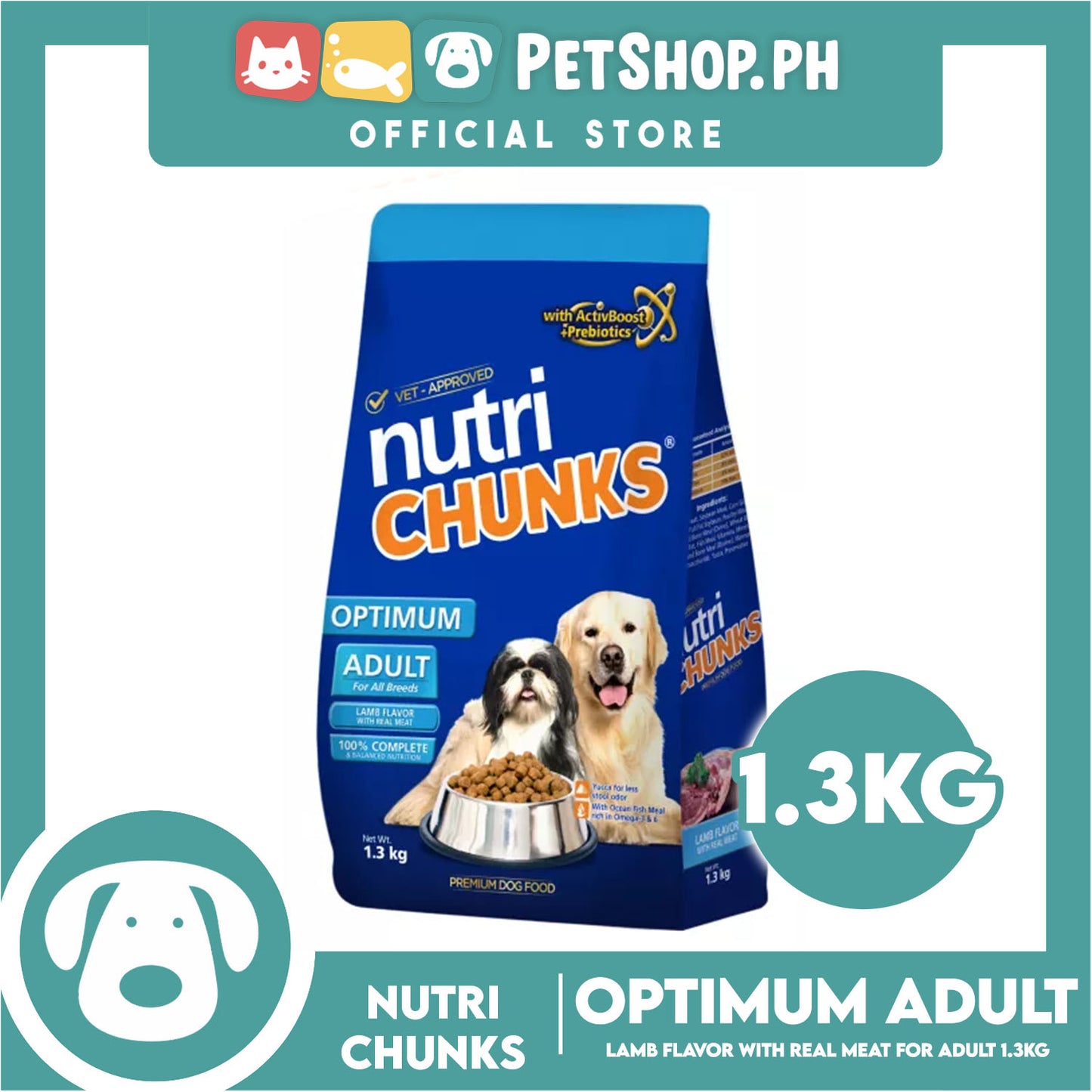 Nutri Chunks Optimum Premium Dog Food, Adult For All Breeds 1.3kg (Lamb Flavor With Real Meat) 100% Complete And Balanced Nutrition, Dog Food