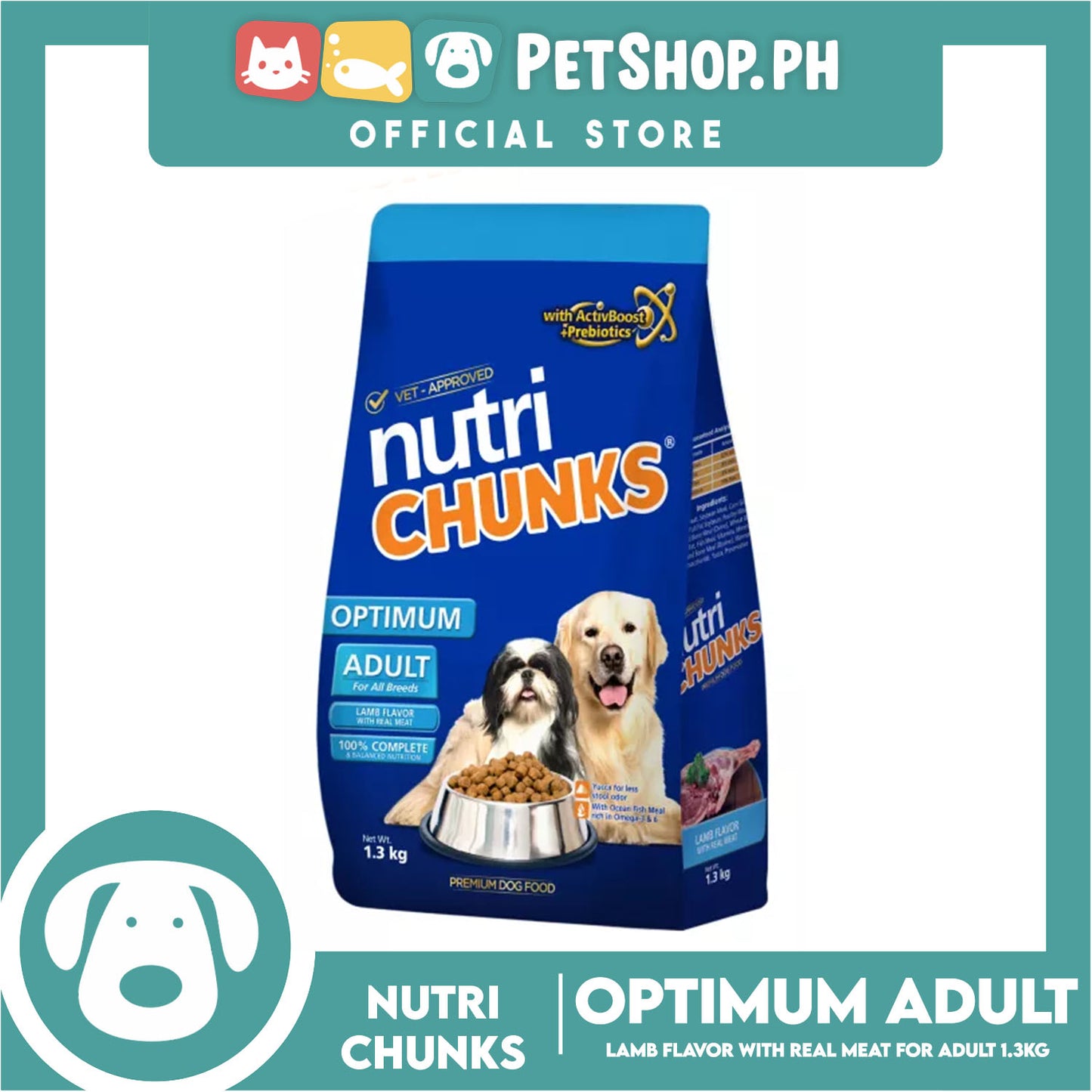 Nutri Chunks Optimum Premium Dog Food, Adult For All Breeds 1.3kg (Lamb Flavor With Real Meat) 100% Complete And Balanced Nutrition, Dog Food