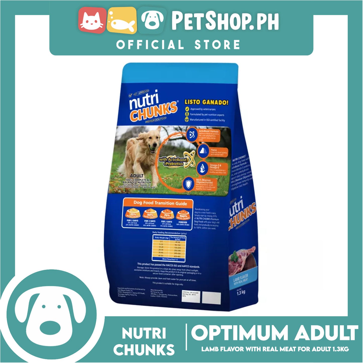 Nutri Chunks Optimum Premium Dog Food, Adult For All Breeds 1.3kg (Lamb Flavor With Real Meat) 100% Complete And Balanced Nutrition, Dog Food