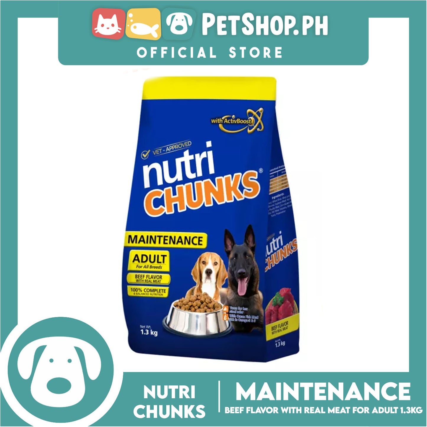Nutri Chunks Maintenance Premium Dog Food, Adult For All Breeds 1.3kg (Beef Flavor With Real Meat) 100% Complete And Balanced Nutrition, Dog Food