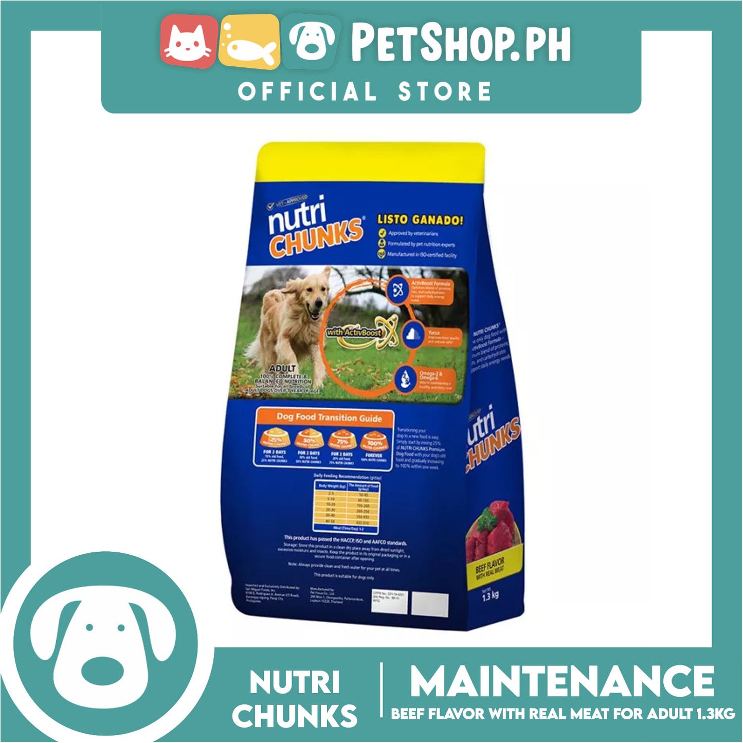 Nutri Chunks Maintenance Premium Dog Food, Adult For All Breeds 1.3kg (Beef Flavor With Real Meat) 100% Complete And Balanced Nutrition, Dog Food