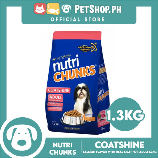 Nutri Chunks Coatshine Premium Dog Food, Adult For All Breeds 1.3kg (Salmon Flavor With Real Meat) 100% Complete And Balanced Nutrition, Dog Food