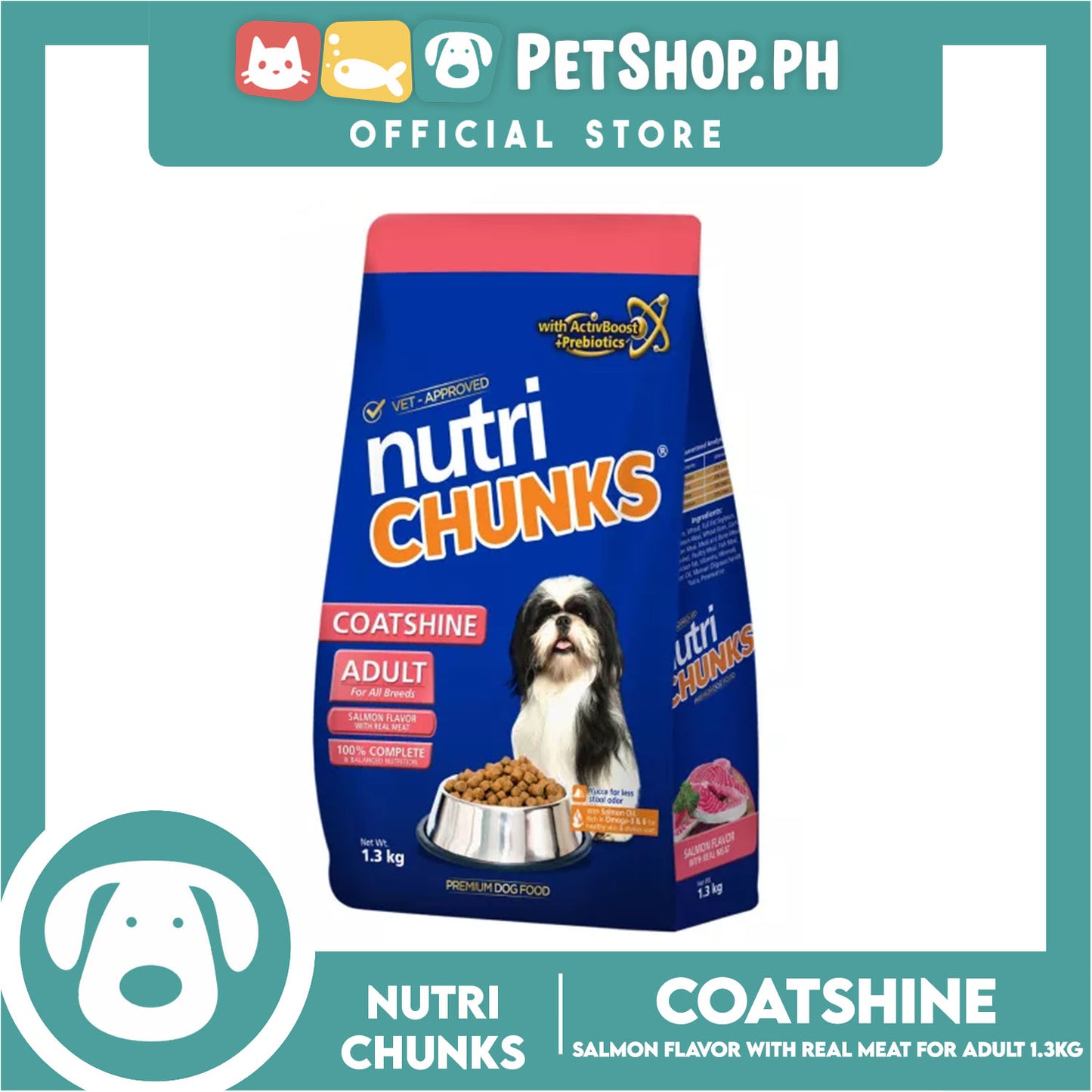Nutri Chunks Coatshine Premium Dog Food, Adult For All Breeds 1.3kg (Salmon Flavor With Real Meat) 100% Complete And Balanced Nutrition, Dog Food