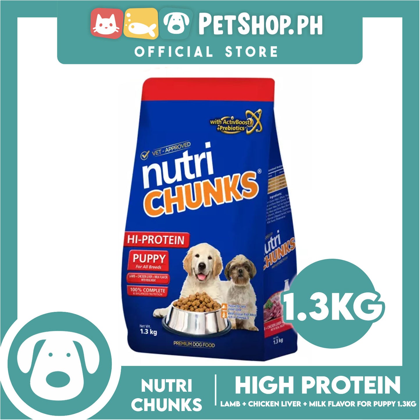 Nutri Chunks Hi-Protein Premium Dog Food, Puppy For All Breeds 1.3kg (Lamb + Chicken Liver + Milk Flavor With Real Meat) 100% Complete And Balanced Nutrition, Dog Food