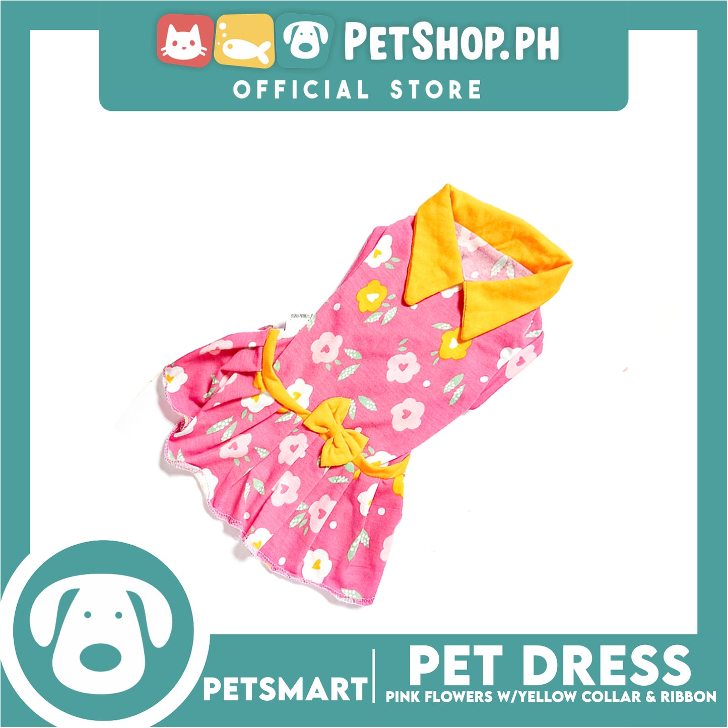 Pet Dress Pink Flowers With Yellow Collar And Ribbon Dress DG-CTN120M (Medium) Perfect Fit For Dogs And Cats, Pet Dress Clothes, Soft and Comfortable Pet Clothing