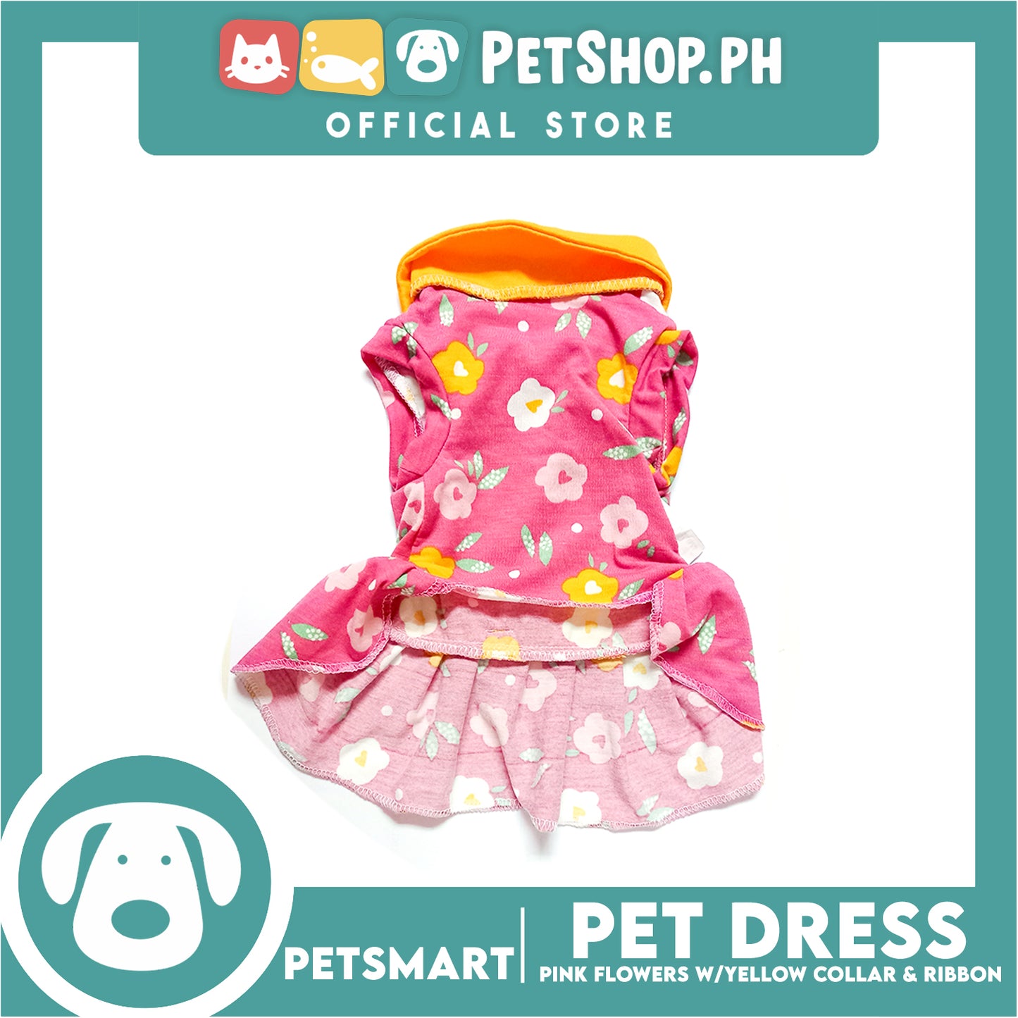 Pet Dress Pink Flowers With Yellow Collar And Ribbon Dress DG-CTN120M (Medium) Perfect Fit For Dogs And Cats, Pet Dress Clothes, Soft and Comfortable Pet Clothing