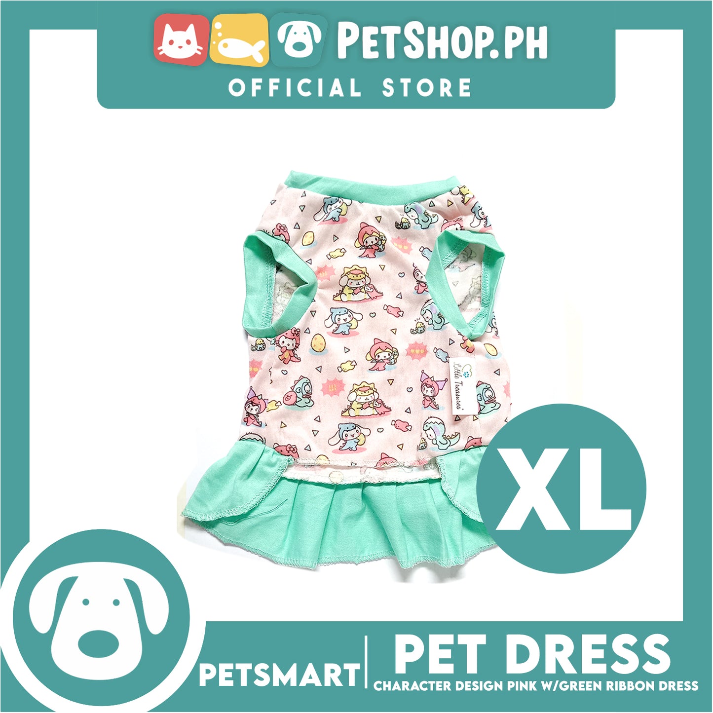 Pet Dress With Character Design Pink With Green Ribbon Dress DG-CTN119XL (Extra Large)
