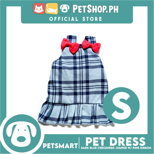 Pet Jumper Dress Dark Blue Checkered Jumper With Pink Ribbon DG-CTN123S (Small)