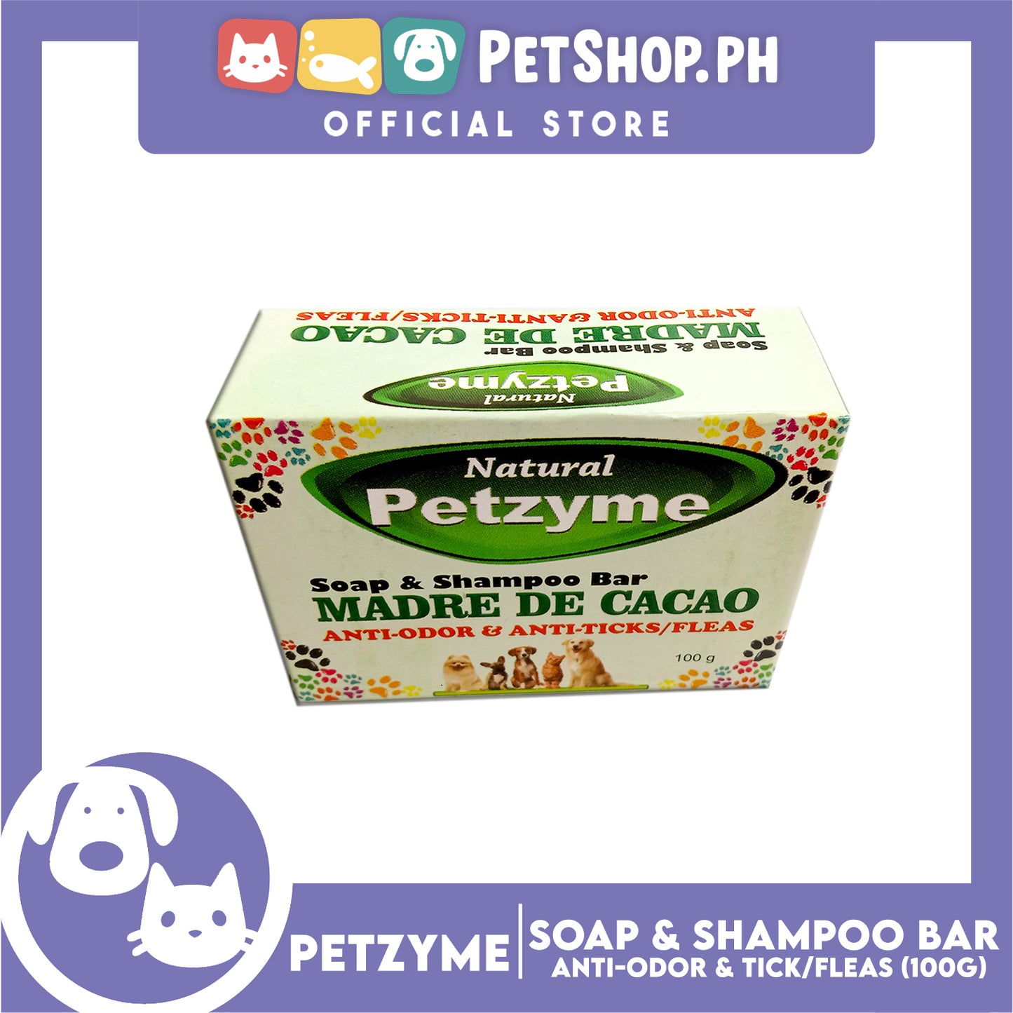 Petzyme Soap And Shampoo Bar Madre De Cacao 100g Anti-Odor And Anti-Ticks Fleas, Pets Soap