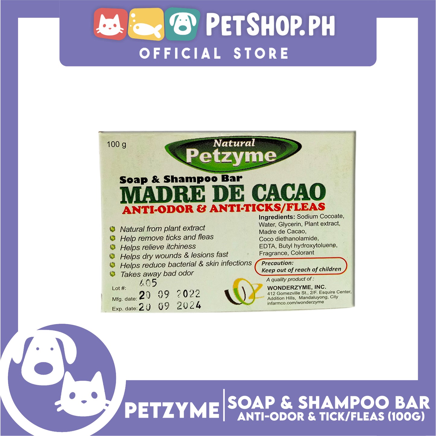Petzyme Soap And Shampoo Bar Madre De Cacao 100g Anti-Odor And Anti-Ticks Fleas, Pets Soap