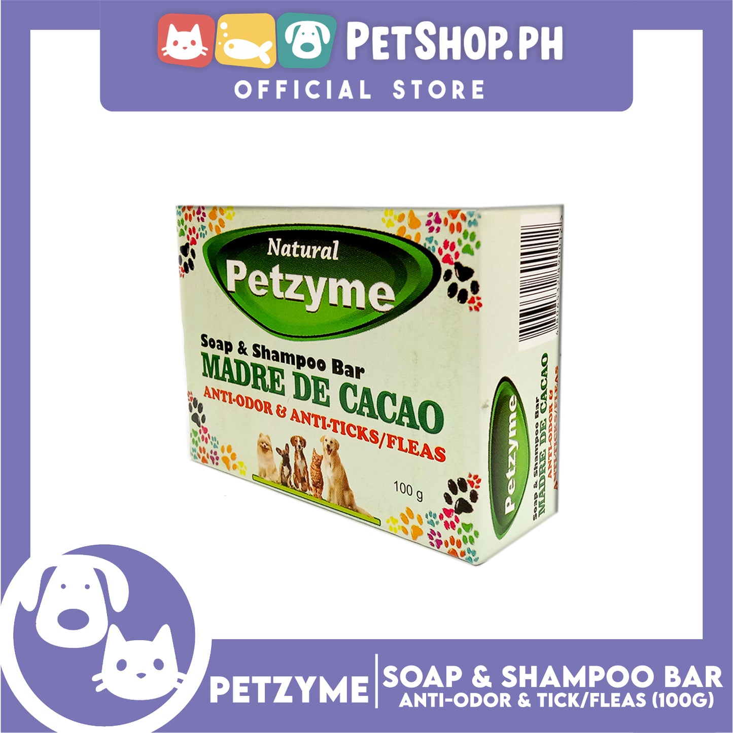 Petzyme Soap And Shampoo Bar Madre De Cacao 100g Anti-Odor And Anti-Ticks Fleas, Pets Soap