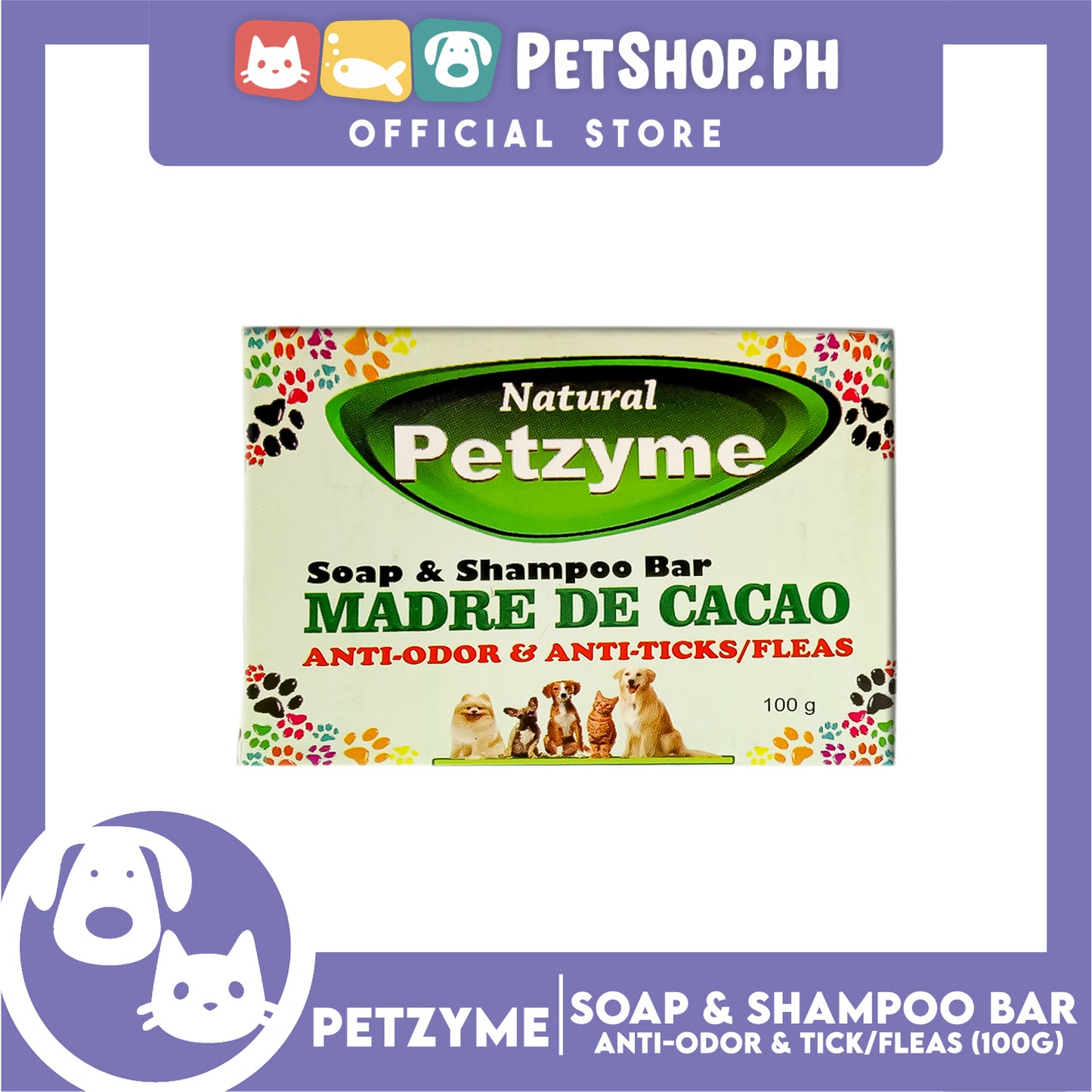 Petzyme Soap And Shampoo Bar Madre De Cacao 100g Anti-Odor And Anti-Ticks Fleas, Pets Soap