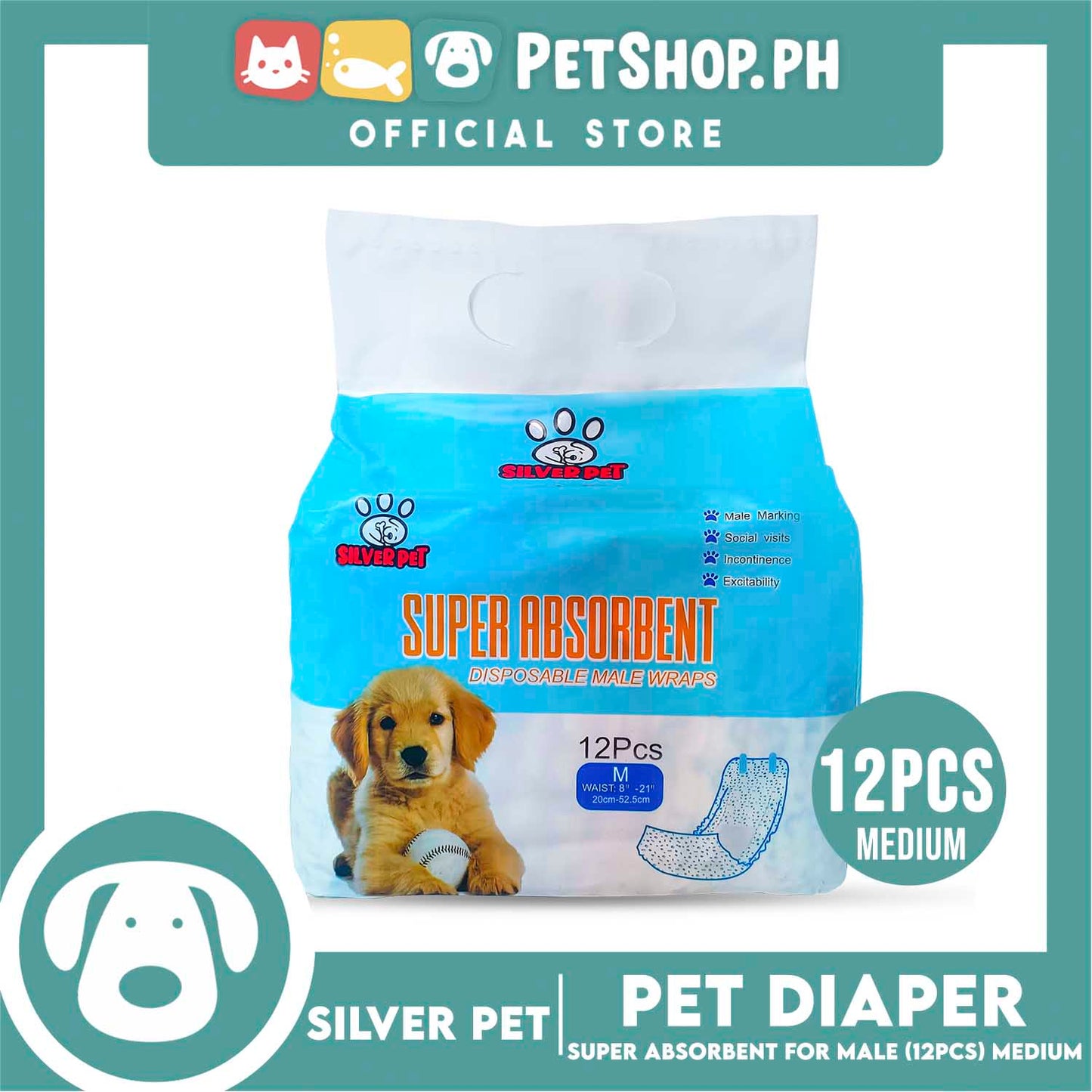 12pcs Silver Pet Super Absorbent Disposable Male Dog Wrap/ Diaper Medium