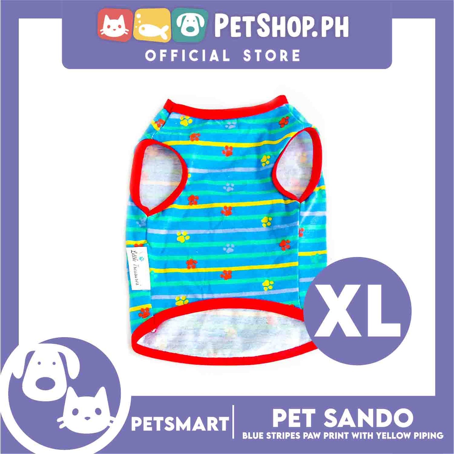 Pet Sando Clothes, Blue Stripes Paw Print With Yellow Piping DG-CTN130XL (XL)