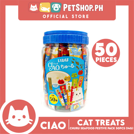 Ciao Churu Seafood Festive Pack Jar Variety Flavors, Cat Treats (TSC-13T) 14g x 50pcs