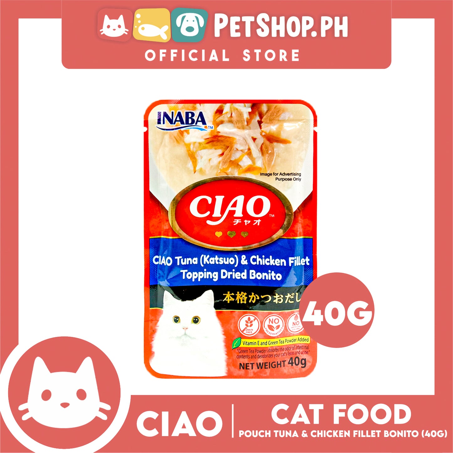 Ciao Pouch Tuna (Katsuo) And Chicken Fillet Topping Dried Bonito Flavor 40g (IC-204) Cat Wet Food
