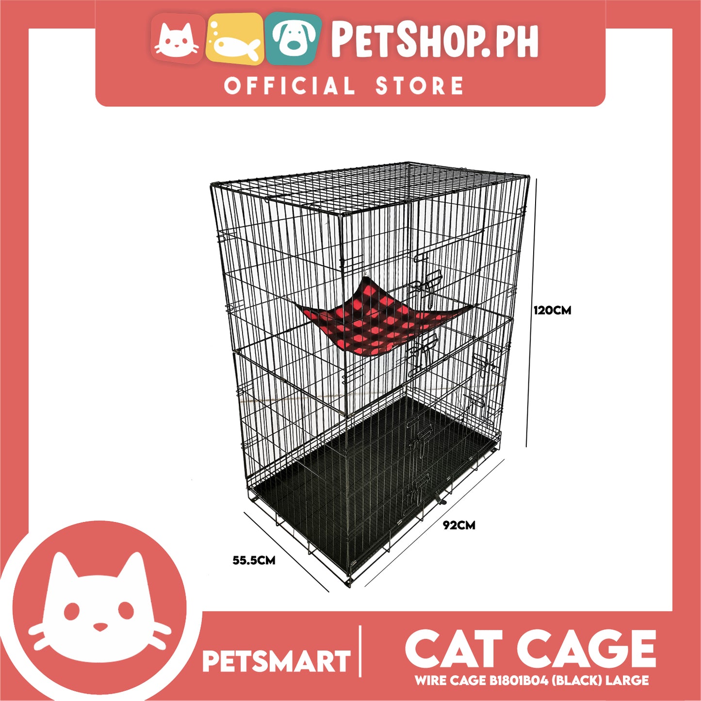 Cat Cage B1801B04 (Black) Wire Flooring, Painted Black Wire Cage, Comes With Tray Underneath 92cm x 55.5cm x 120cm Pet Cage, Pet House