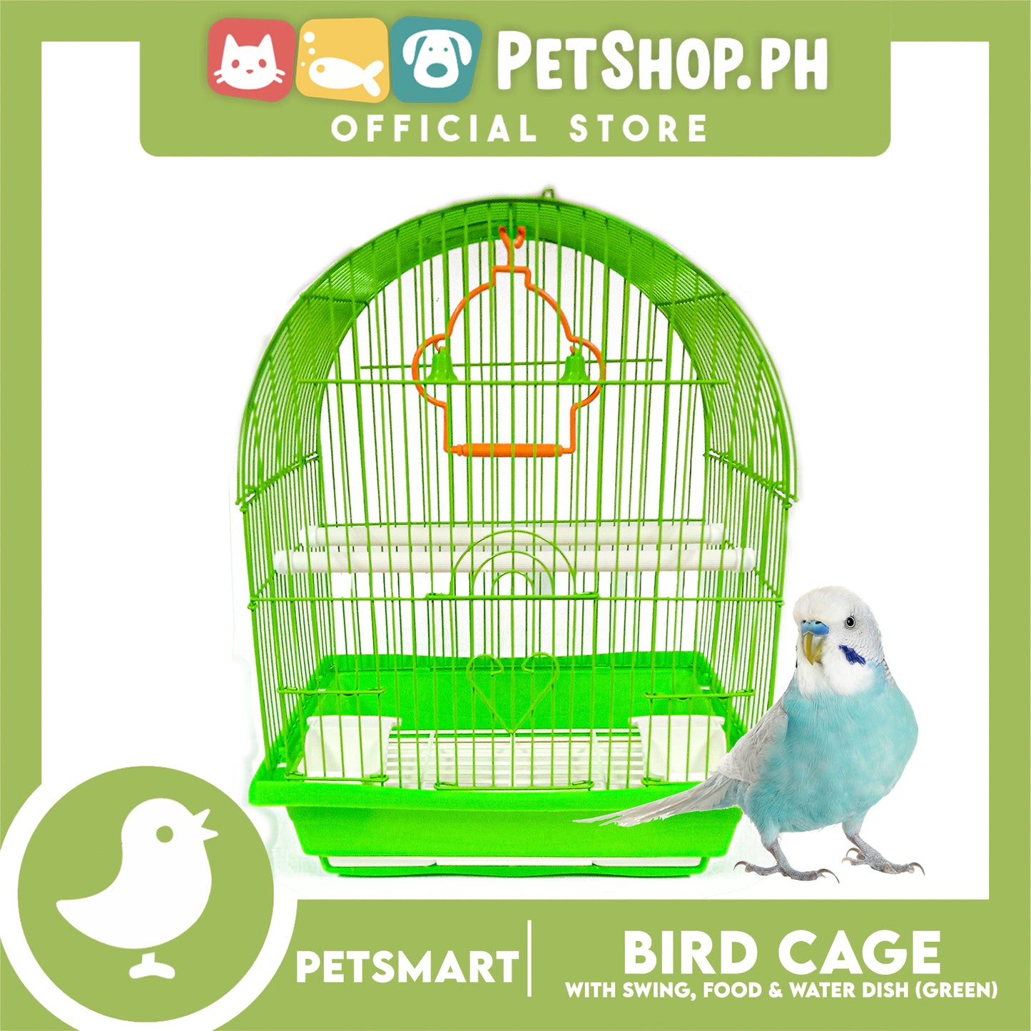 Bird Cage with Swing, Food and Water Dish (1000) Green Color, 30cm x 23cm x 40cm