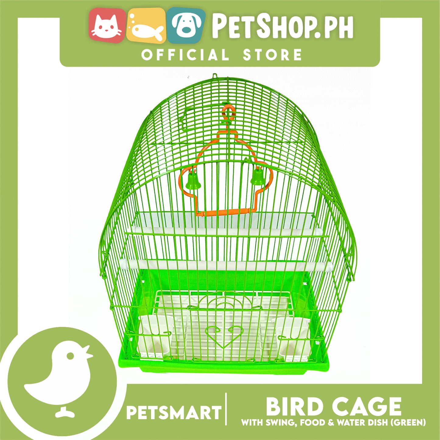 Bird Cage with Swing, Food and Water Dish (1000) Green Color, 30cm x 23cm x 40cm