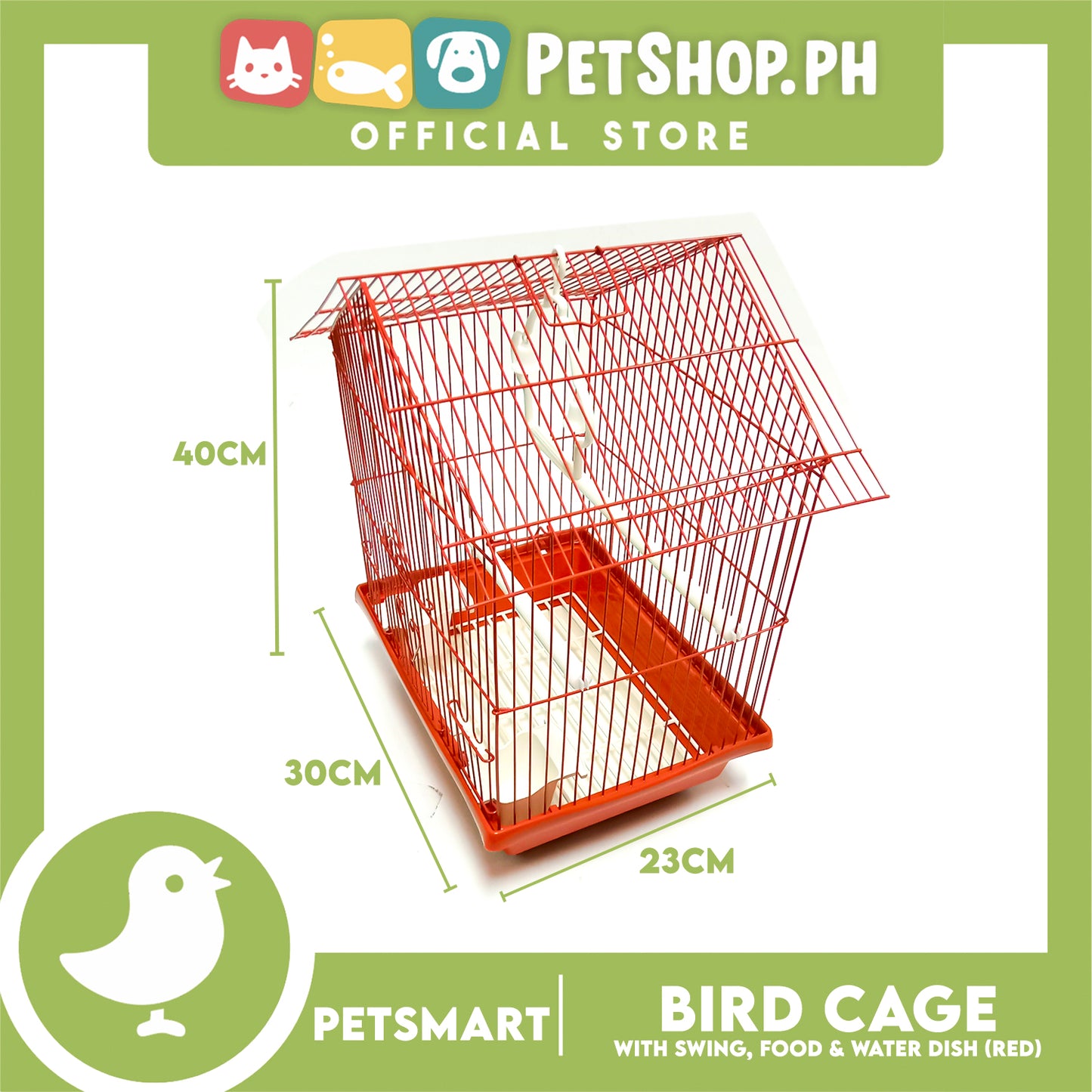 Bird Cage with Swing, Food and Water Dish (1001) Red Color, 30cm x 23cm x 40cm