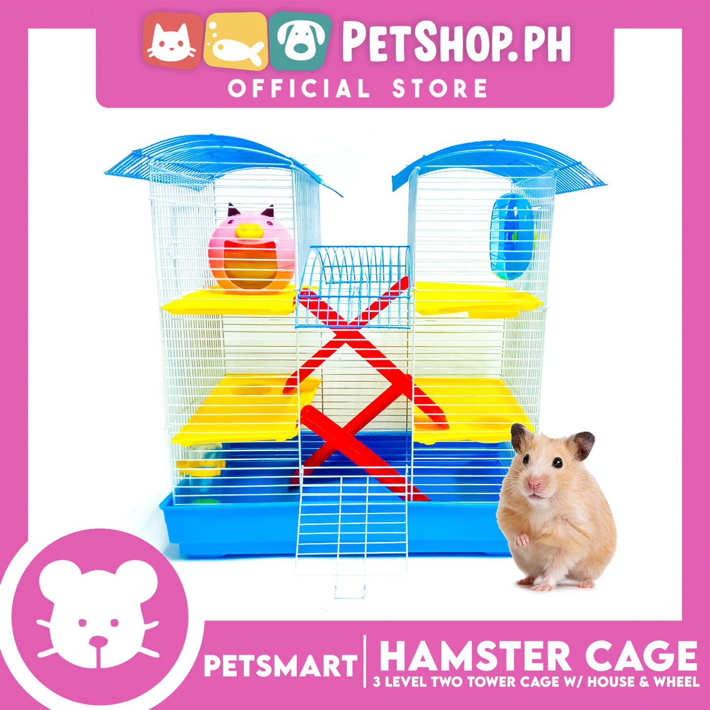 Hamster Cage (M025) 3 Level Two Tower Cage with House and Wheel 45cm x 28cm x 50cm