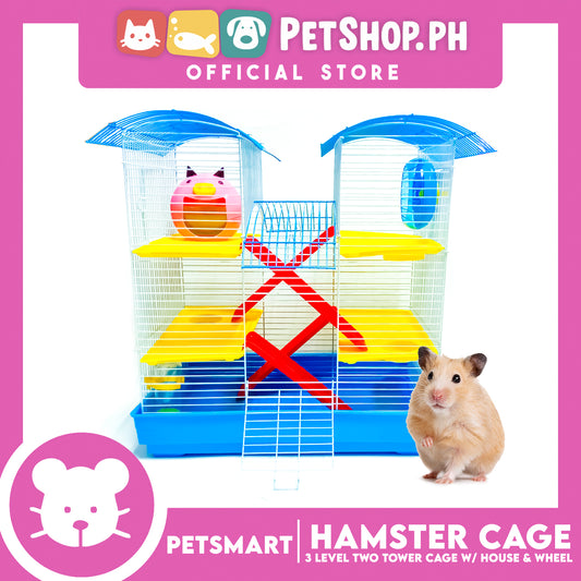 Hamster Cage (M025) 3 Level Two Tower Cage with House and Wheel 45cm x 28cm x 50cm
