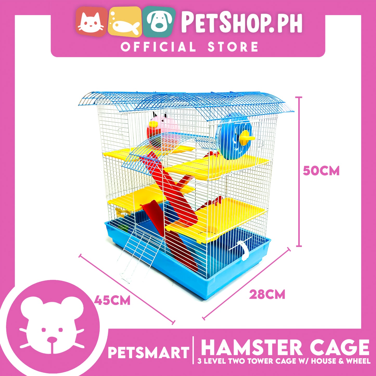 Hamster Cage (M025) 3 Level Two Tower Cage with House and Wheel 45cm x 28cm x 50cm