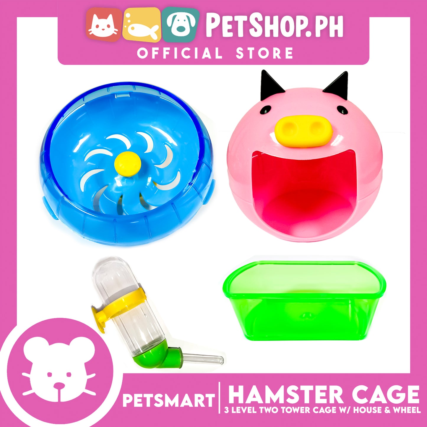 Hamster Cage (M025) 3 Level Two Tower Cage with House and Wheel 45cm x 28cm x 50cm